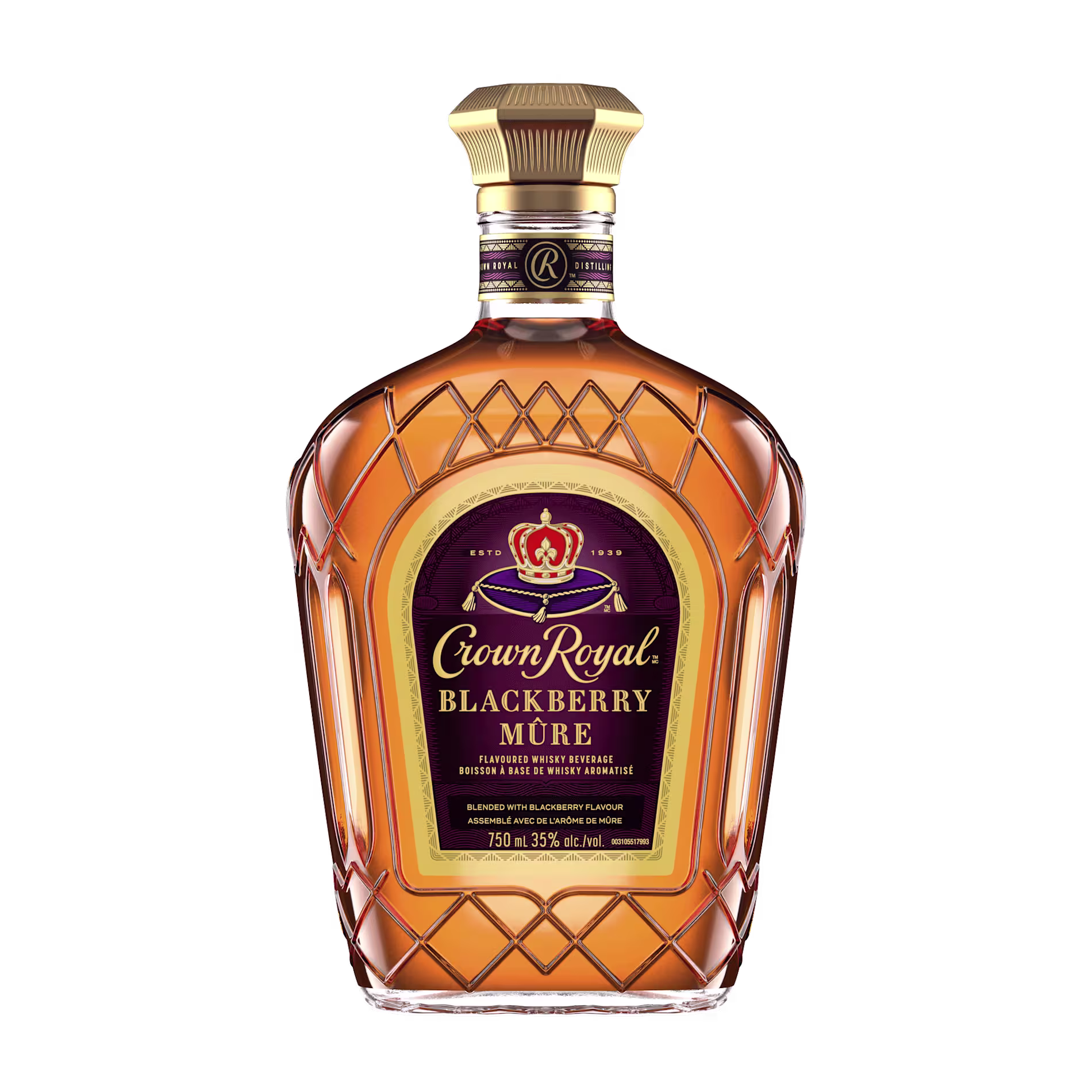 A 750ml bottle of Crown Royal Blackberry Flavored Whisky with a gold cap and a purple label on a white background.