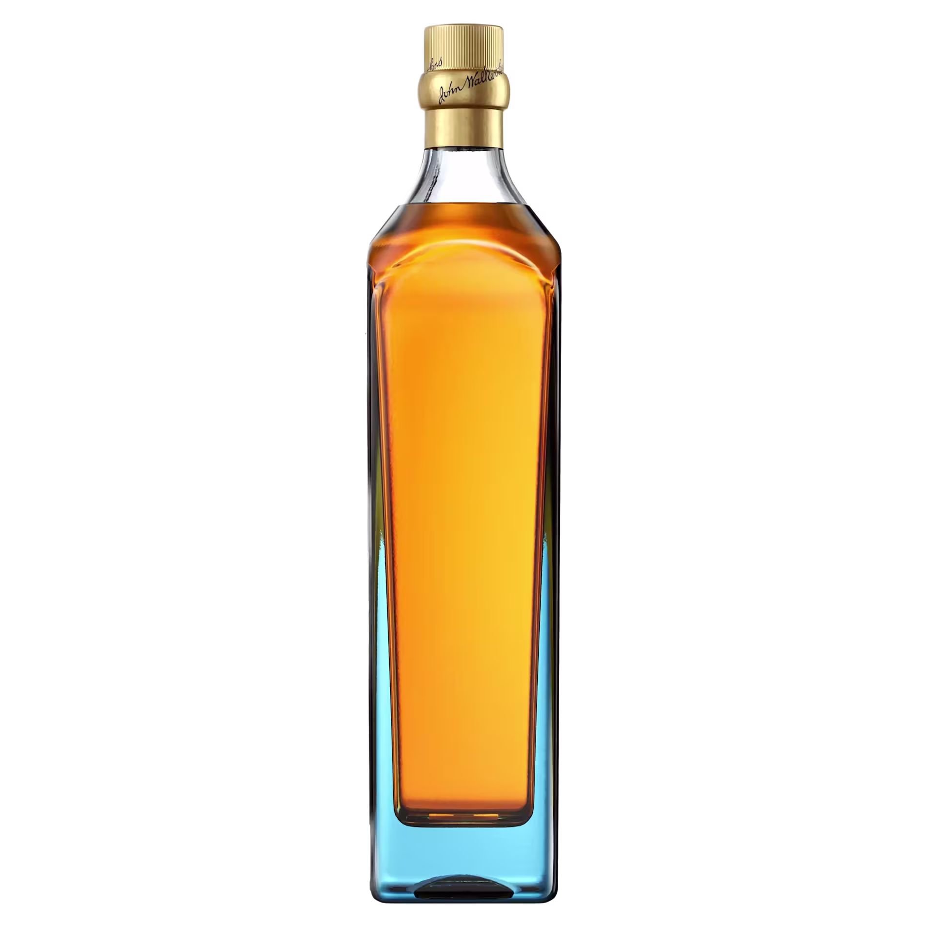 A tall, rectangular glass bottle with amber liquid, a gold cap, and a minimal label set against a black background.