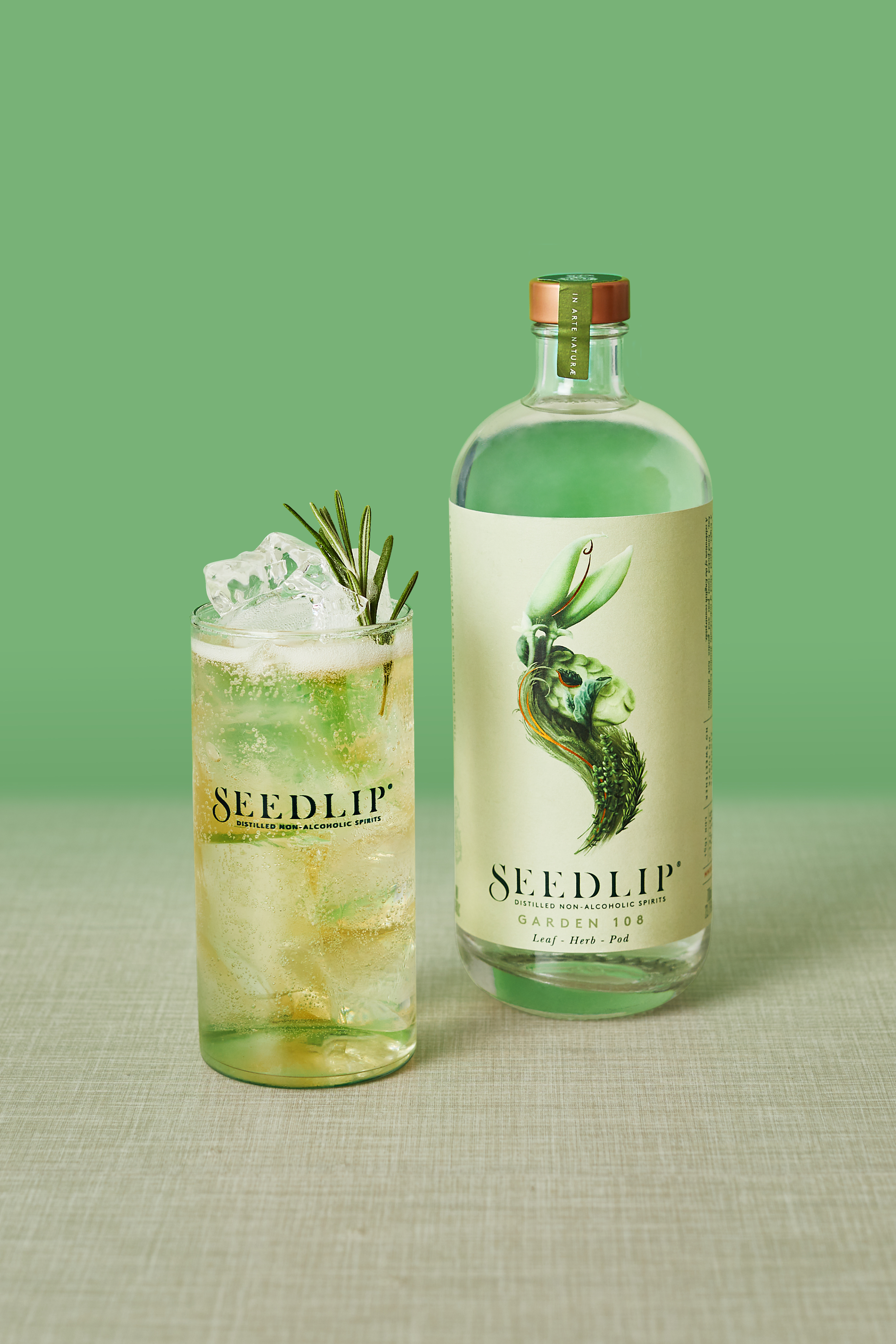 Seedlip Garden 108 Alcohol Free Spirit served with garnish in a cocktail glass