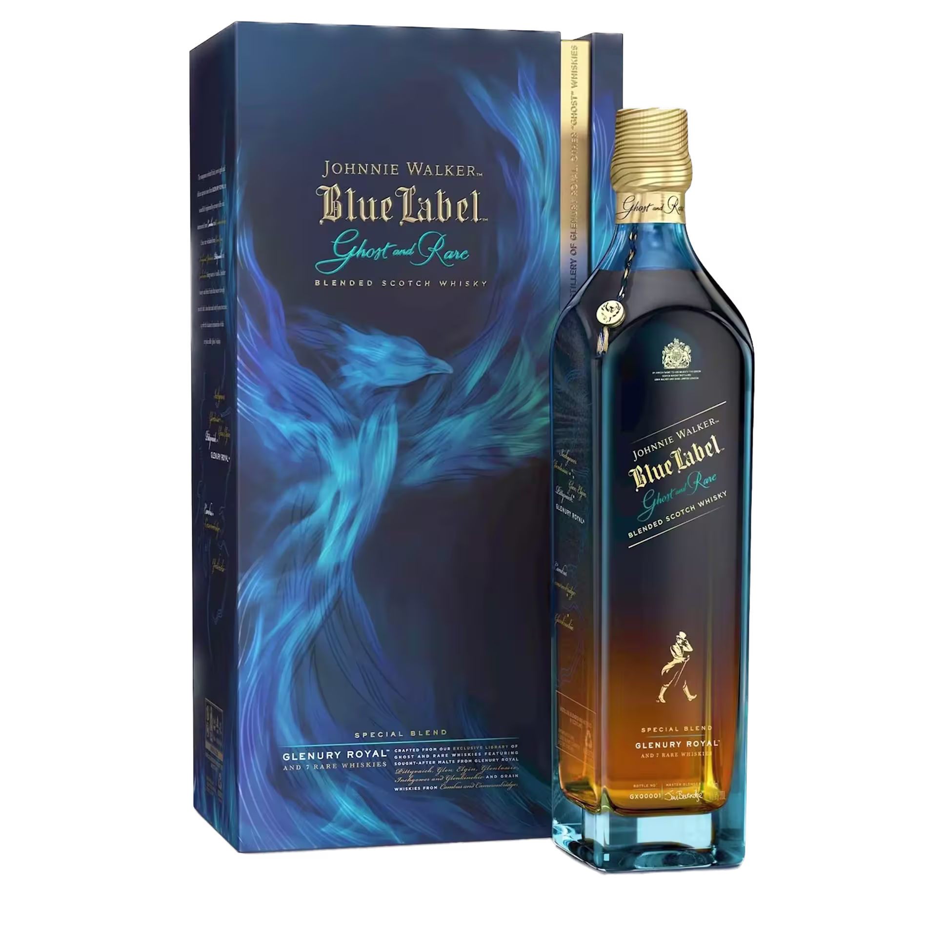 A bottle of Johnnie Walker Blue Label Ghost and Rare Glenury Royal whisky is shown next to its decorative blue and gold box featuring a swirling blue design.
