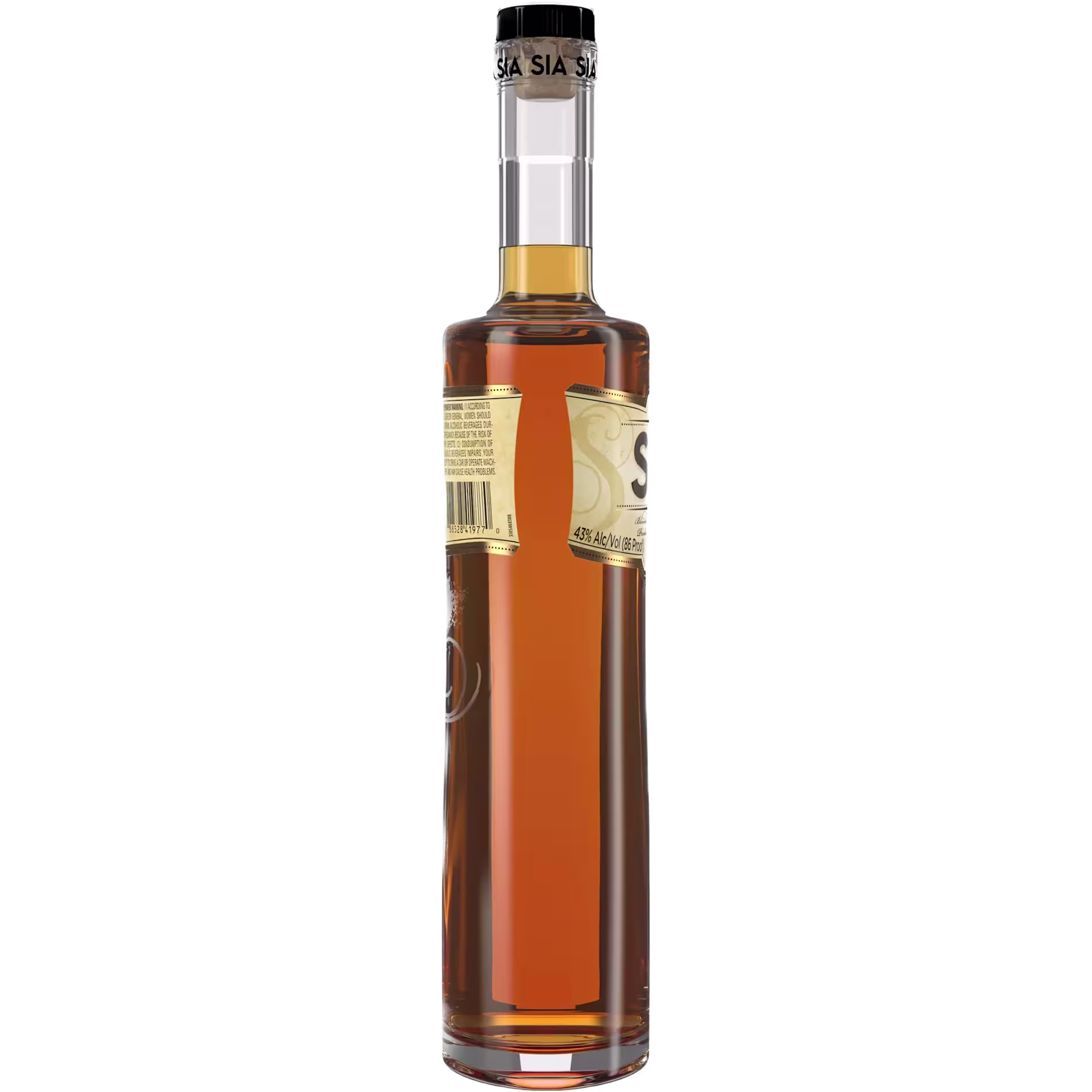 Tall, slender glass bottle filled with amber-colored liquid, featuring a gold label and a sealed cap.