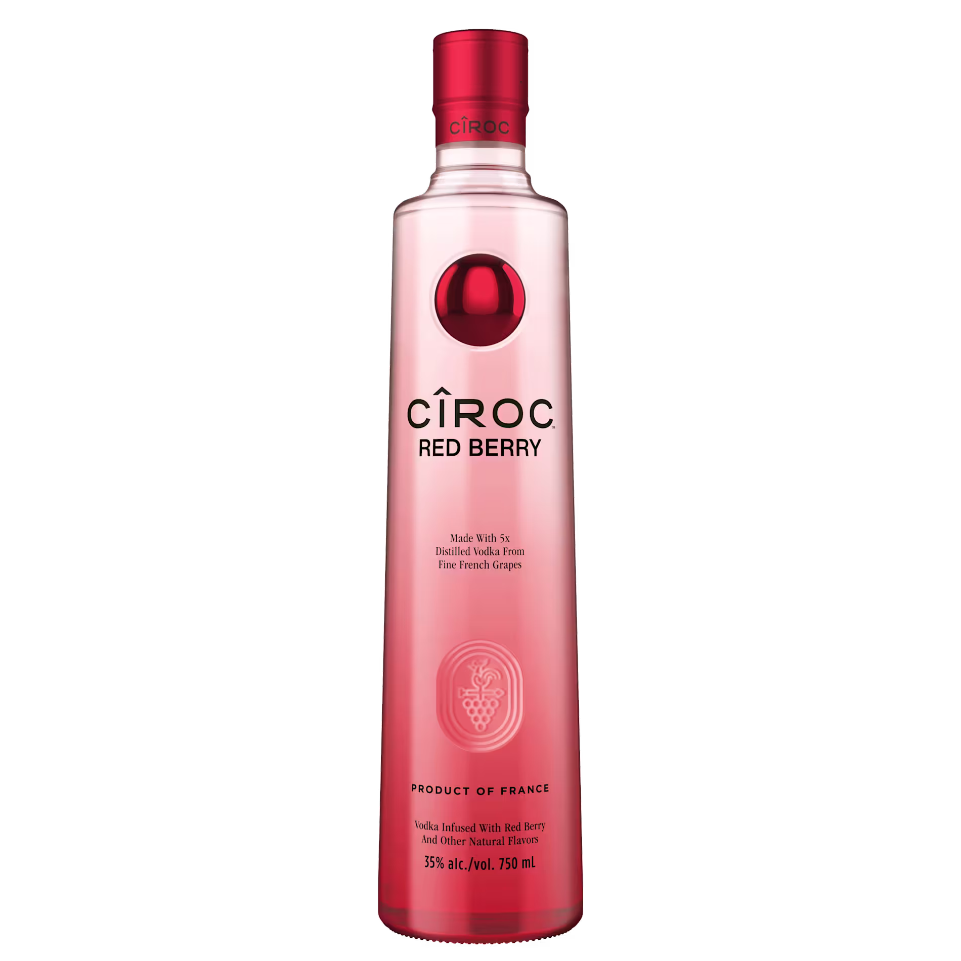 A tall, frosted pink bottle of Cîroc Red Berry vodka with a red cap and black text on the label, containing 750 ml and 35% alcohol by volume.