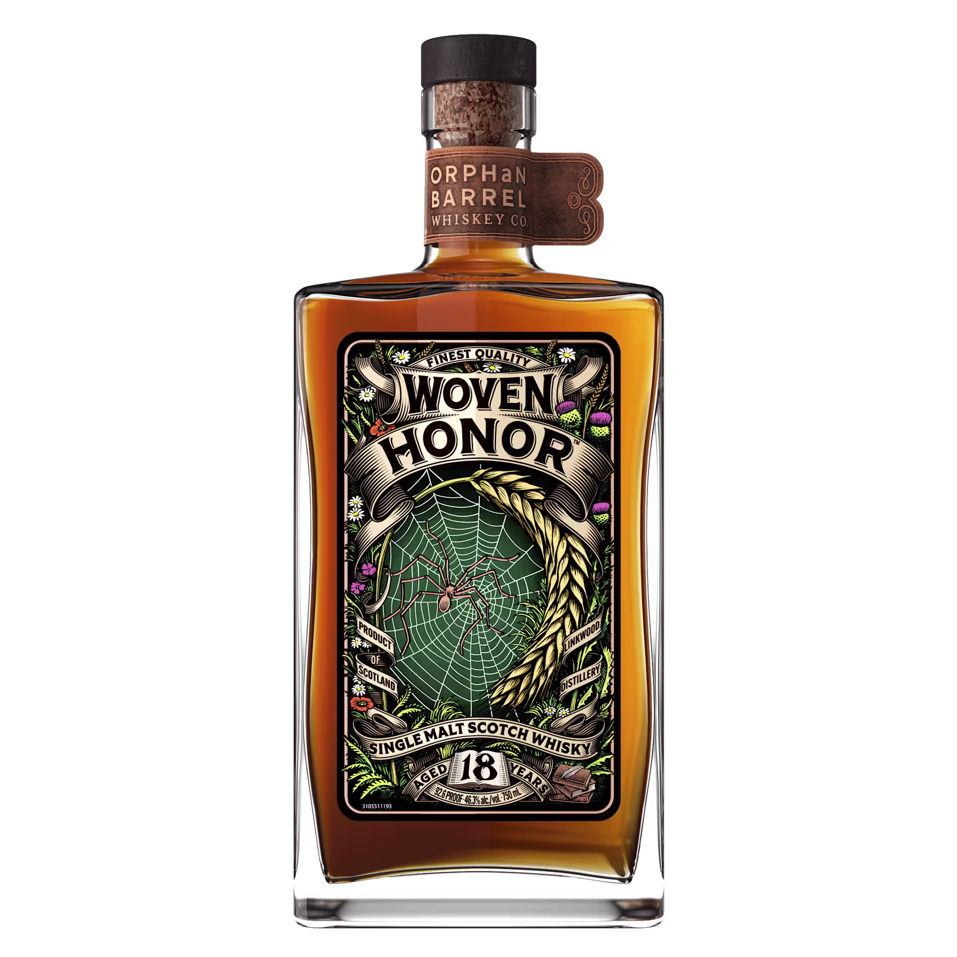 A bottle of Woven Honor 18-year-old single malt scotch whisky with an ornate label featuring a spider web design and gold accents.