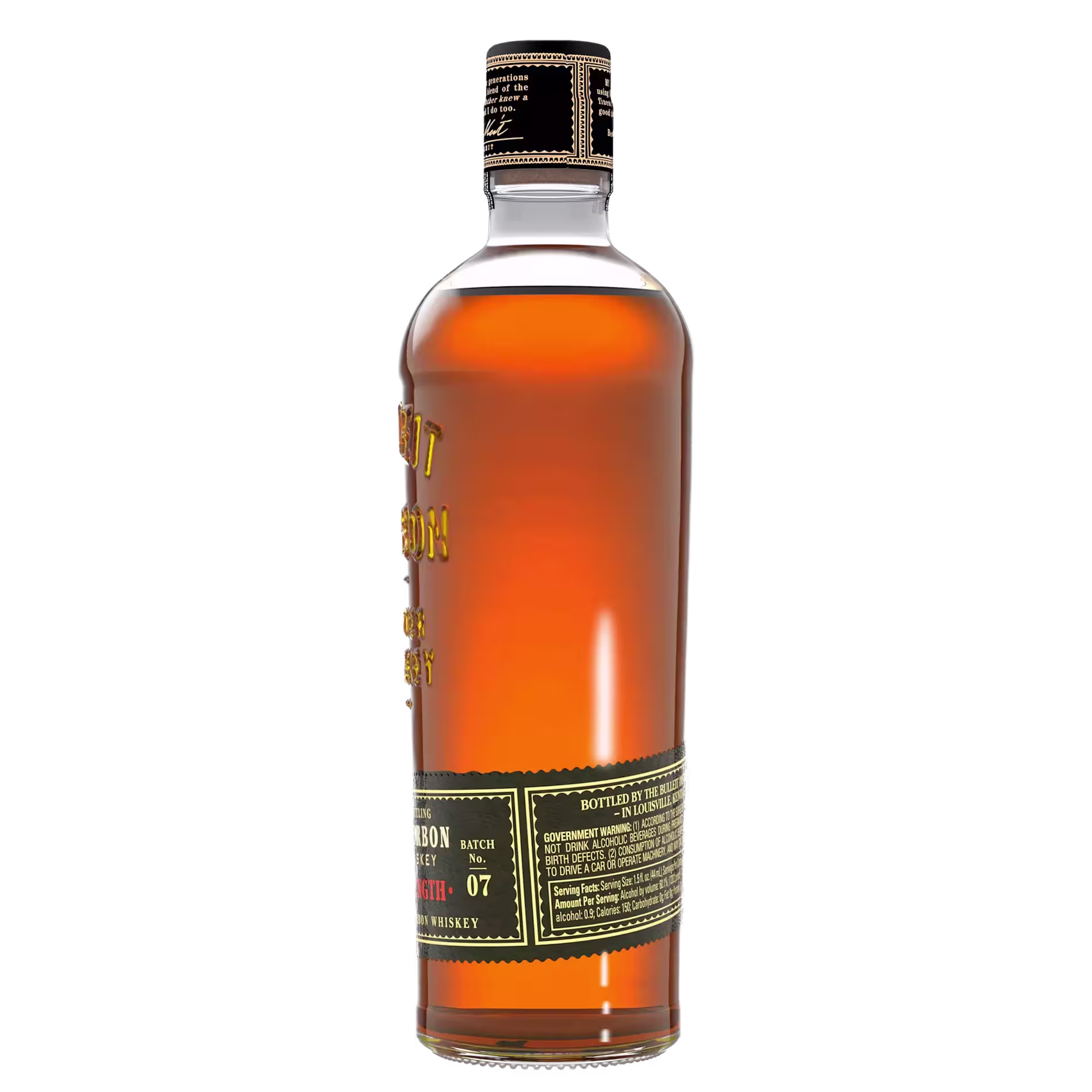 A bottle of bourbon whiskey with a dark label, shown standing upright against a plain background. The bottle contains amber-colored liquid.