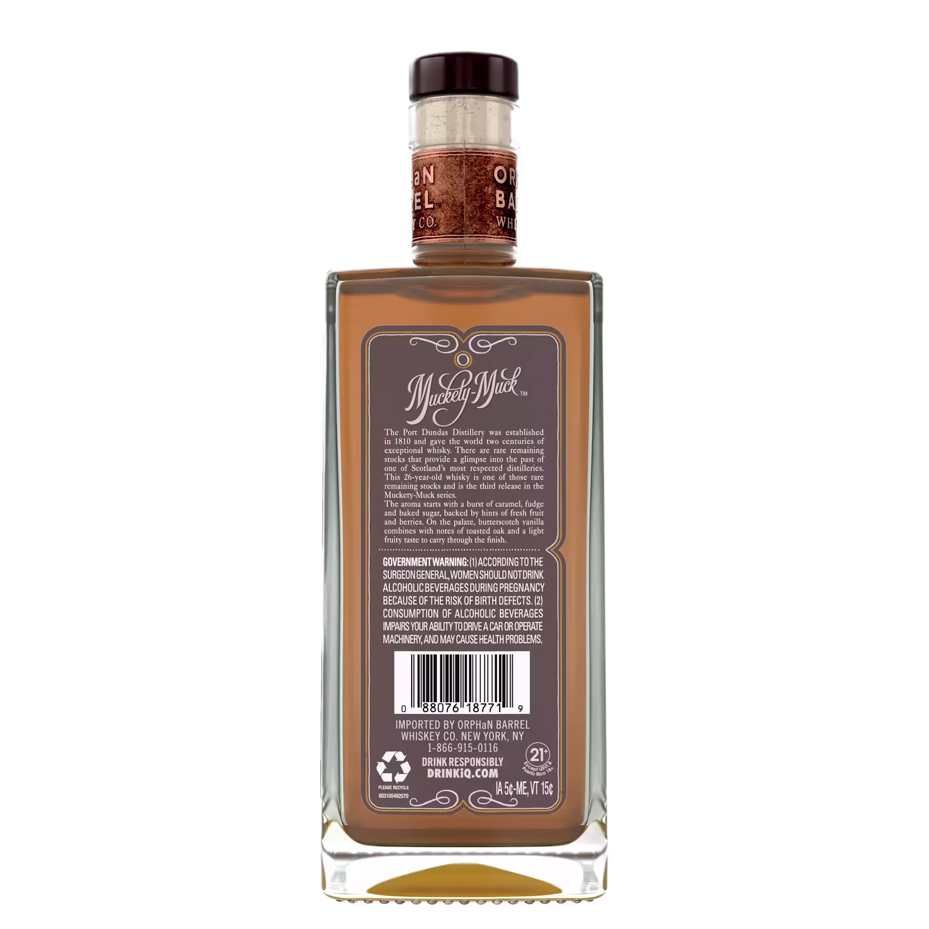 A rectangular whiskey bottle with a brown label featuring product information, a barcode, and a brown cap, shown against a black background.