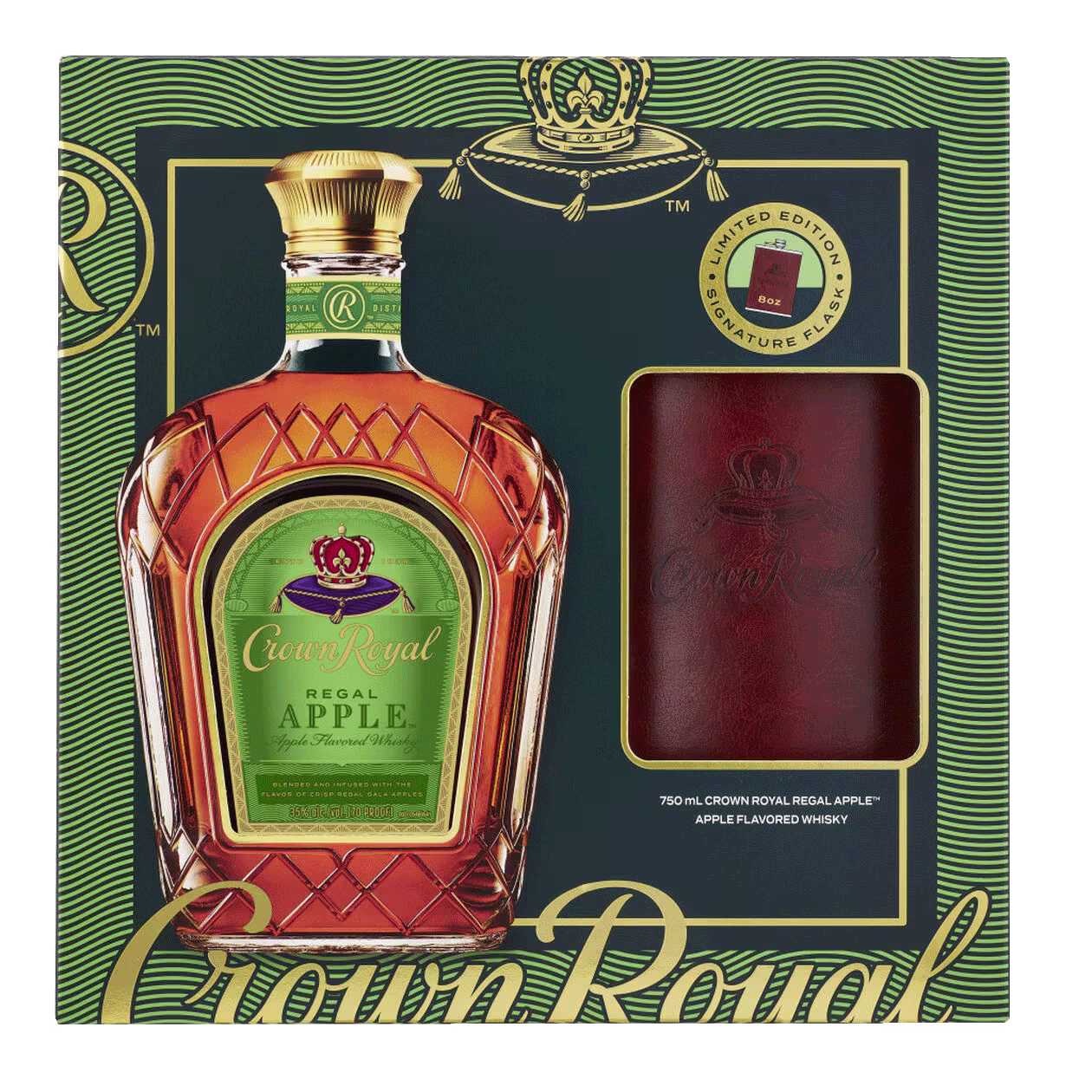 Crown Royal Regal Apple whisky gift set with a bottle and a branded leather-covered flask in a green and gold box.