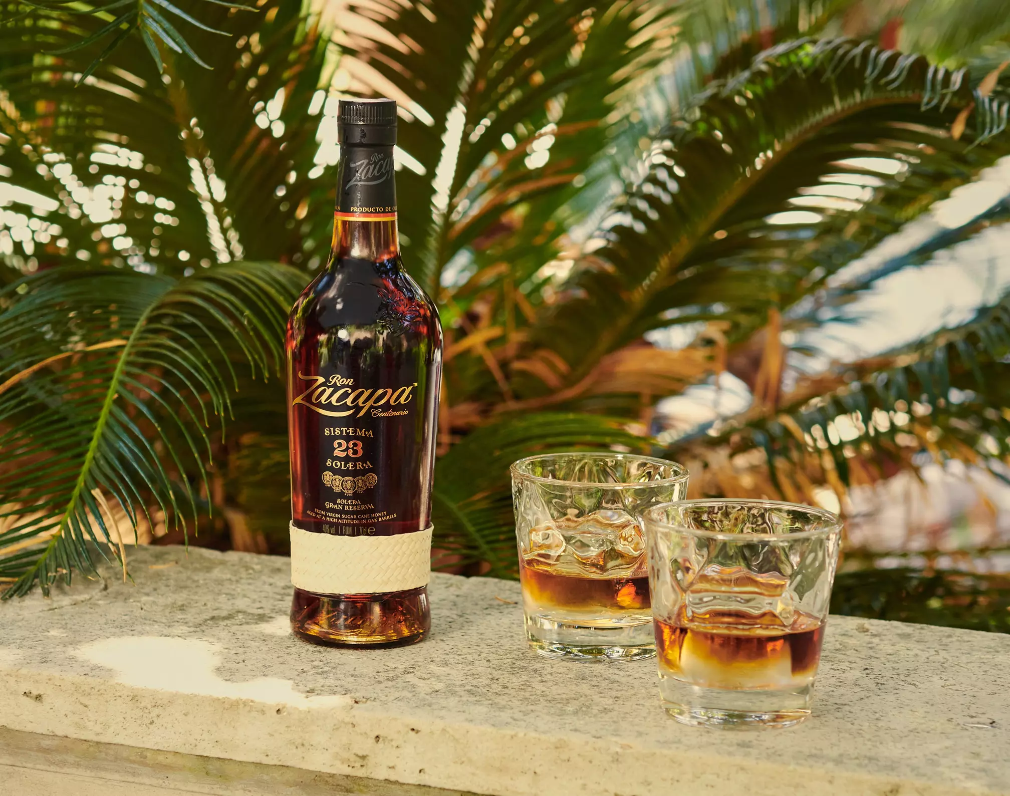 A bottle of Ron Zacapa rum is placed on a stone surface next to two glasses filled with rum, with green palm leaves in the background.