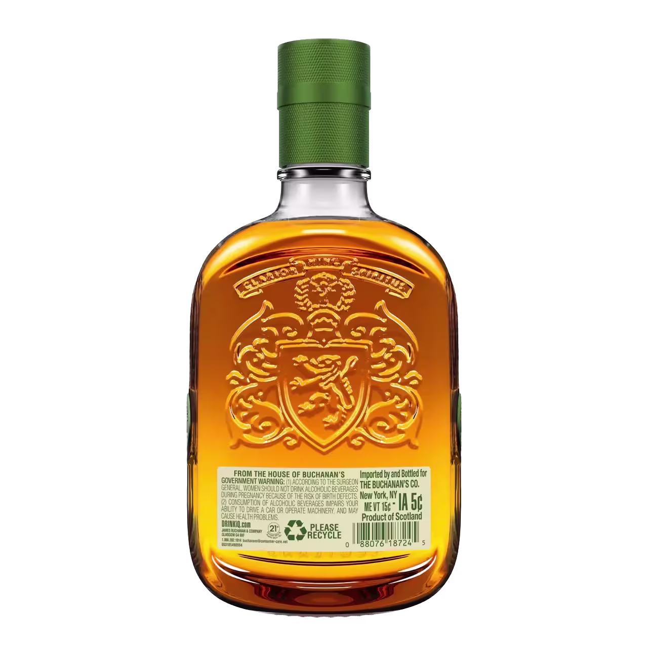 A bottle of Buchanan’s whisky with a green cap, embossed crest, and product label on the back, shown against a black background.