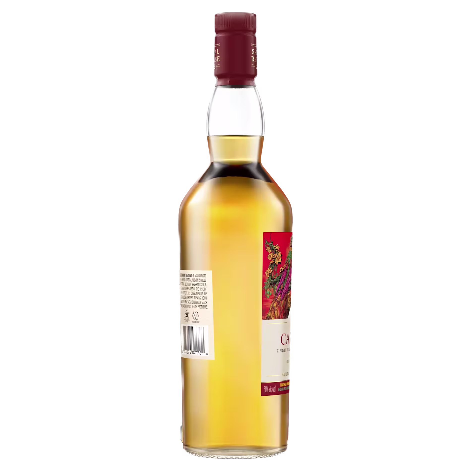 A clear glass bottle of light amber liquor with a red cap and a partial label showing on the side, photographed against a white background.
