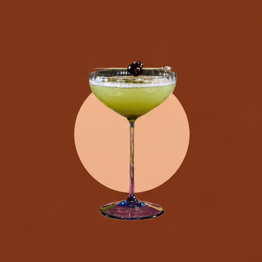 A coupe glass filled with a yellow-green cocktail, garnished with a cherry, is shown next to text listing recommended drinks for coupe glasses.