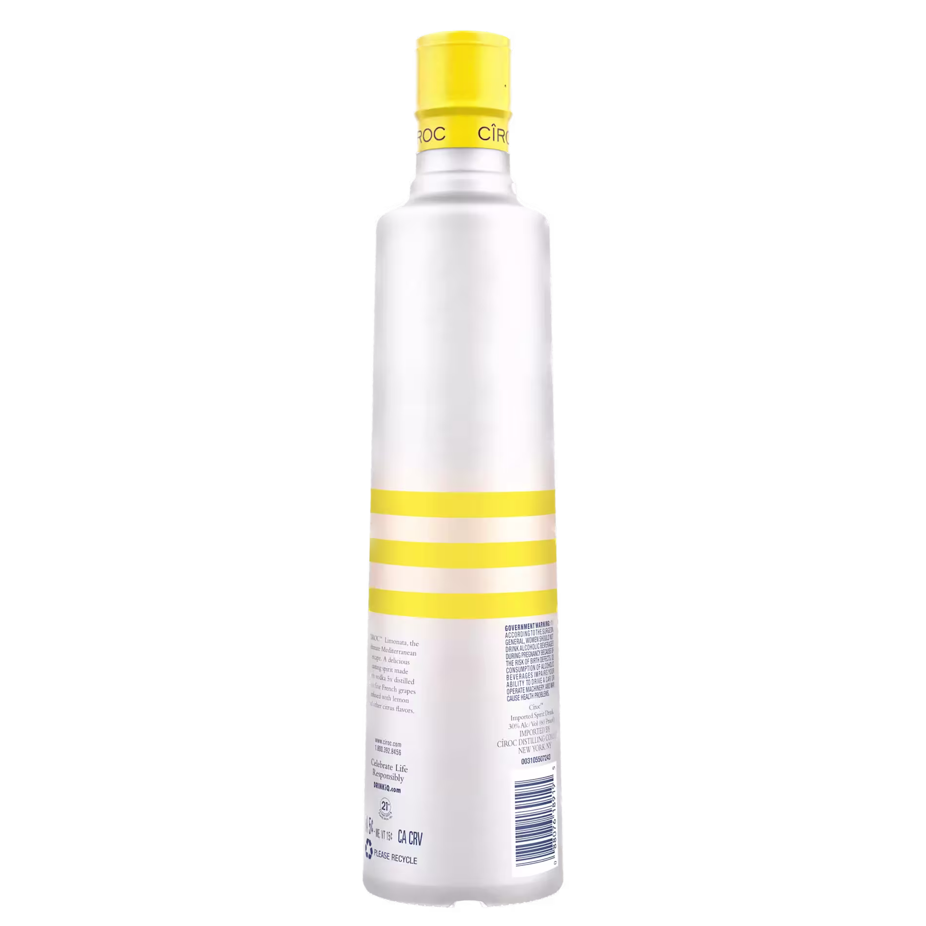 A white bottle with yellow stripes and a yellow cap, displaying text and labels, set against a black background.