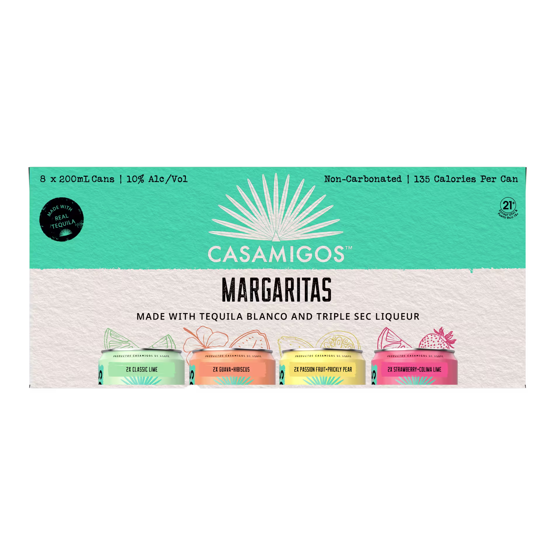 Front view of a Casamigos Margaritas variety pack box showcasing four different canned margarita flavors.