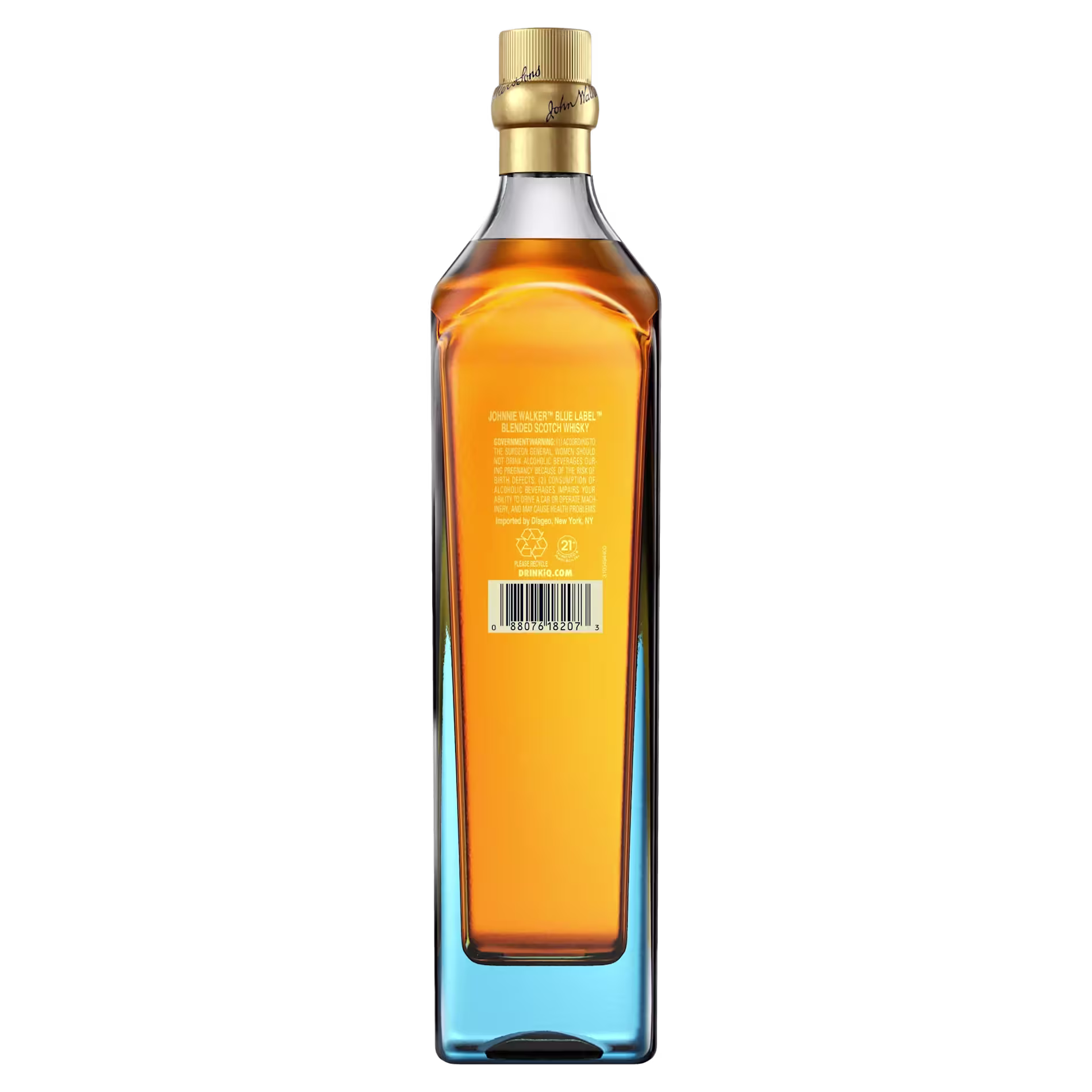 A square bottle of Johnnie Walker Blue Label whisky shown from the back, featuring a gold cap and visible label with barcode and recycling symbol.