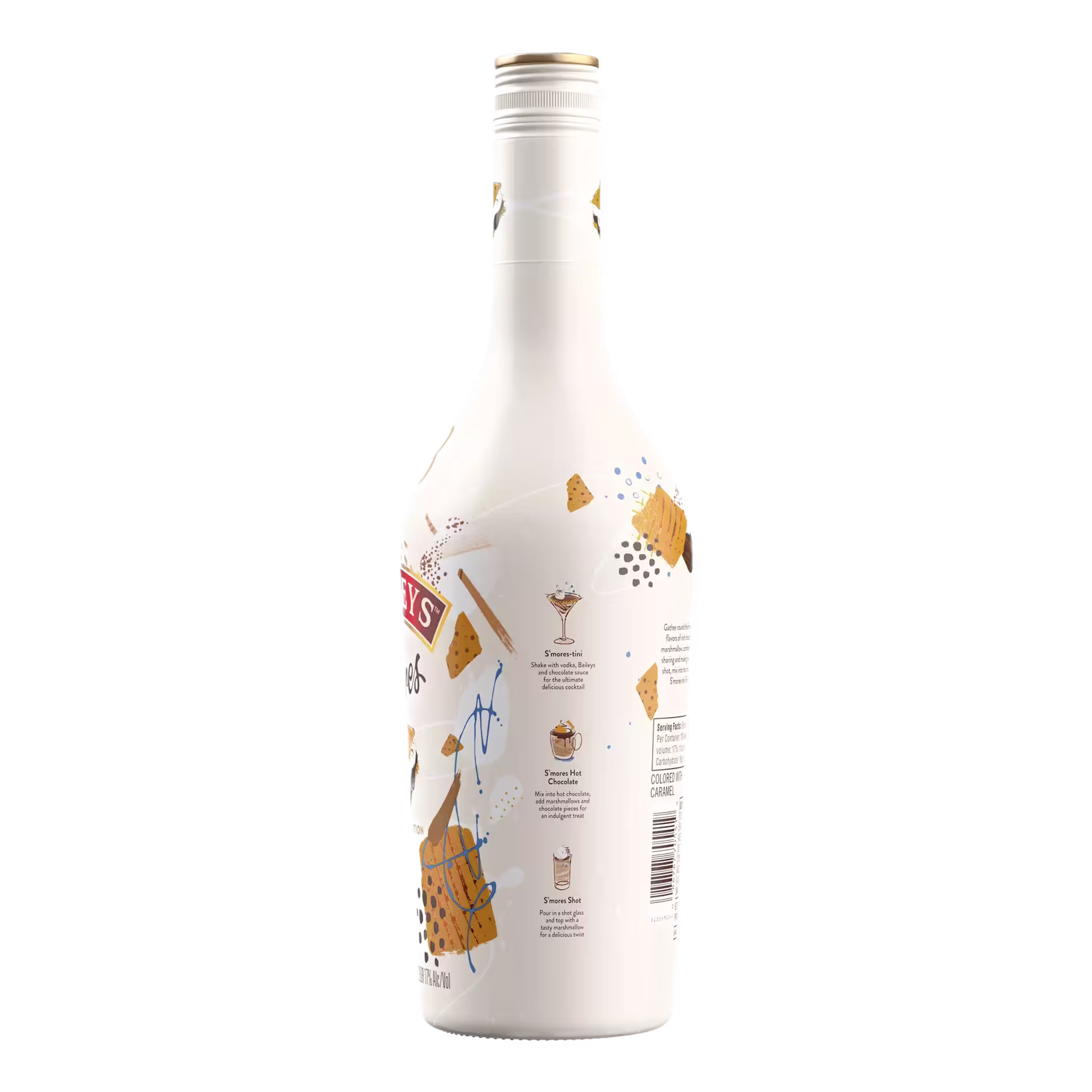 A white bottle with illustrations of s’mores and drink recipes printed on the side, featuring gold and brown accents on a plain black background.