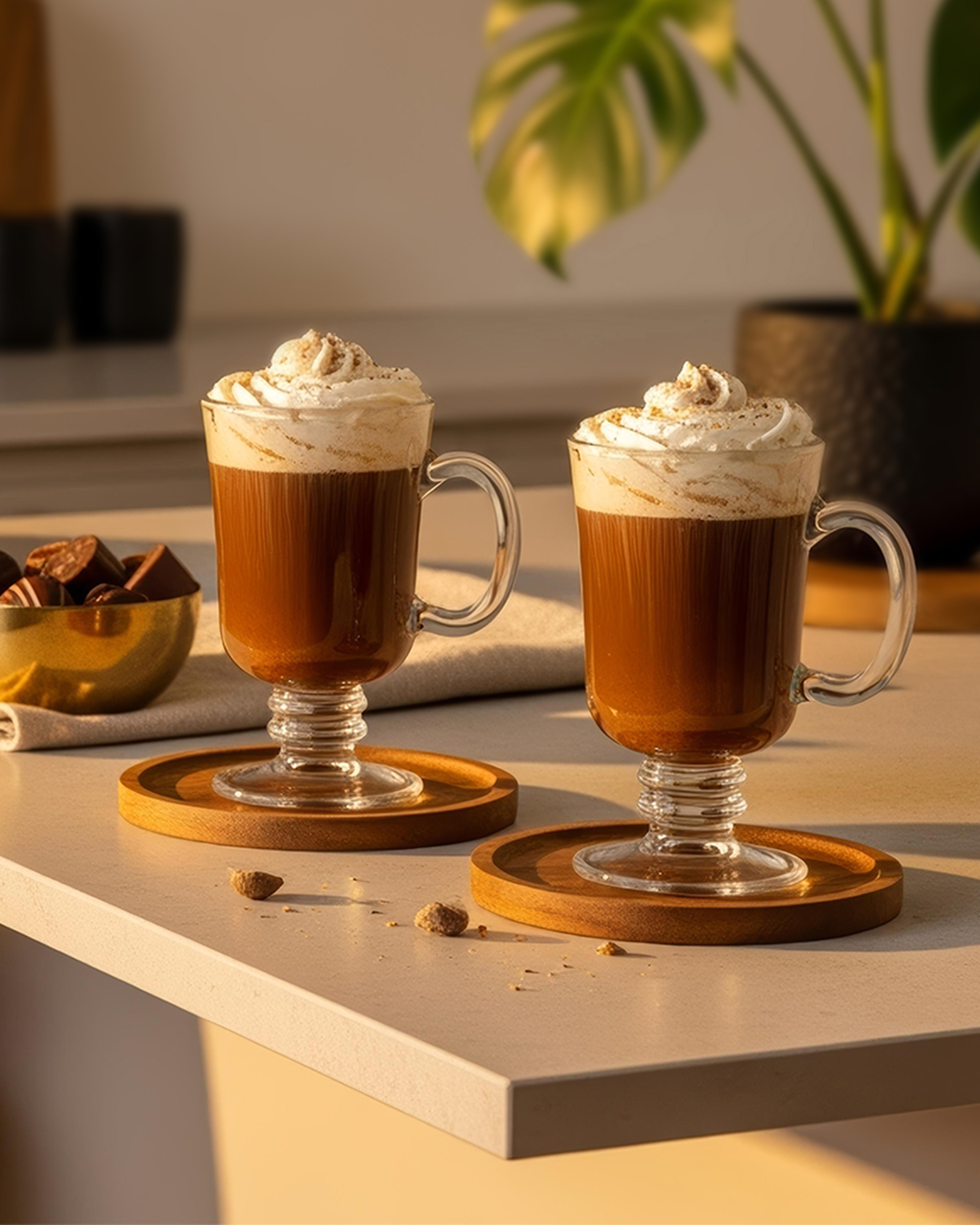 Two Irish Coffee cocktails on a kitchen counter