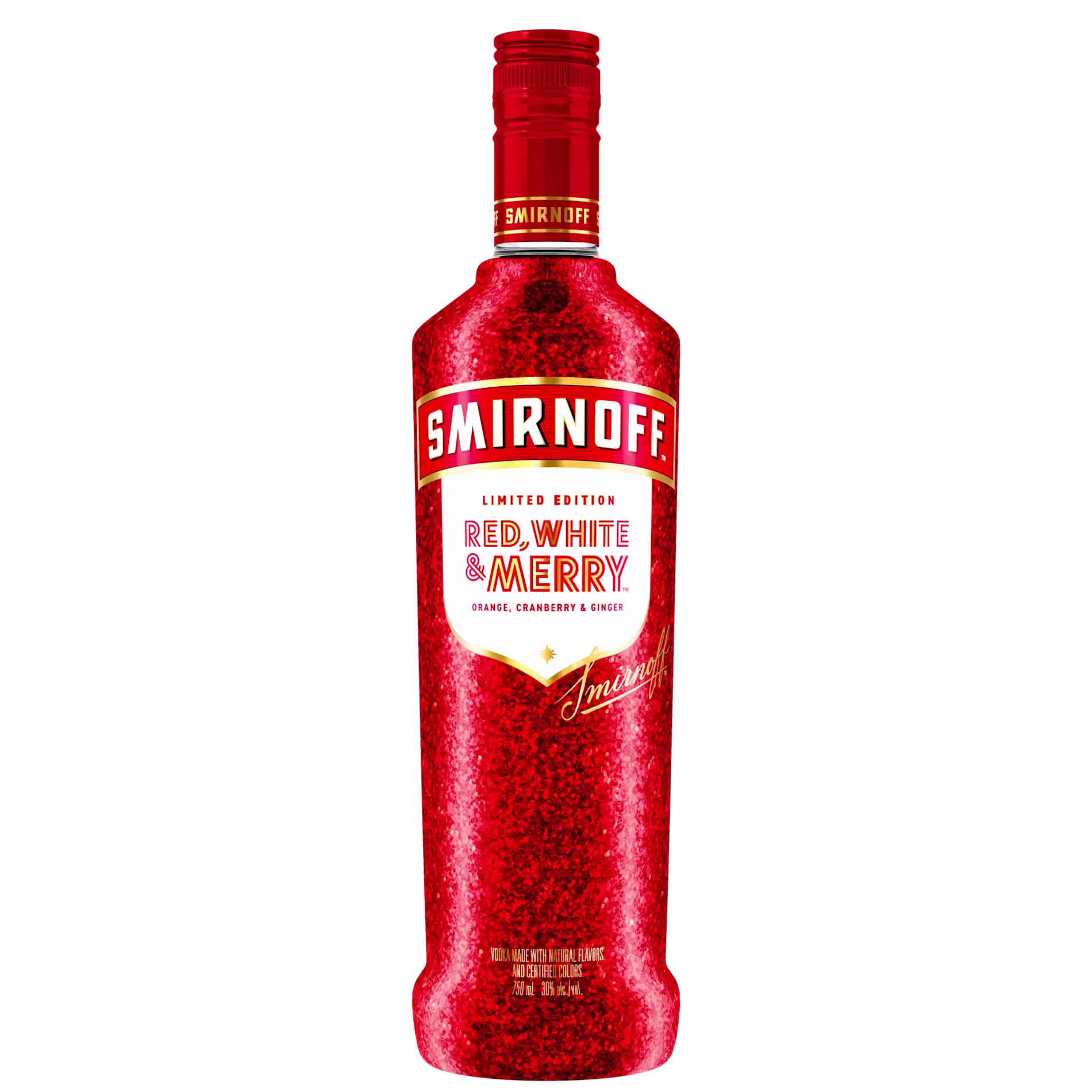 A red glittery bottle of Smirnoff vodka labeled Red, White & Merry, a limited edition flavor with orange, cranberry, and cherry.