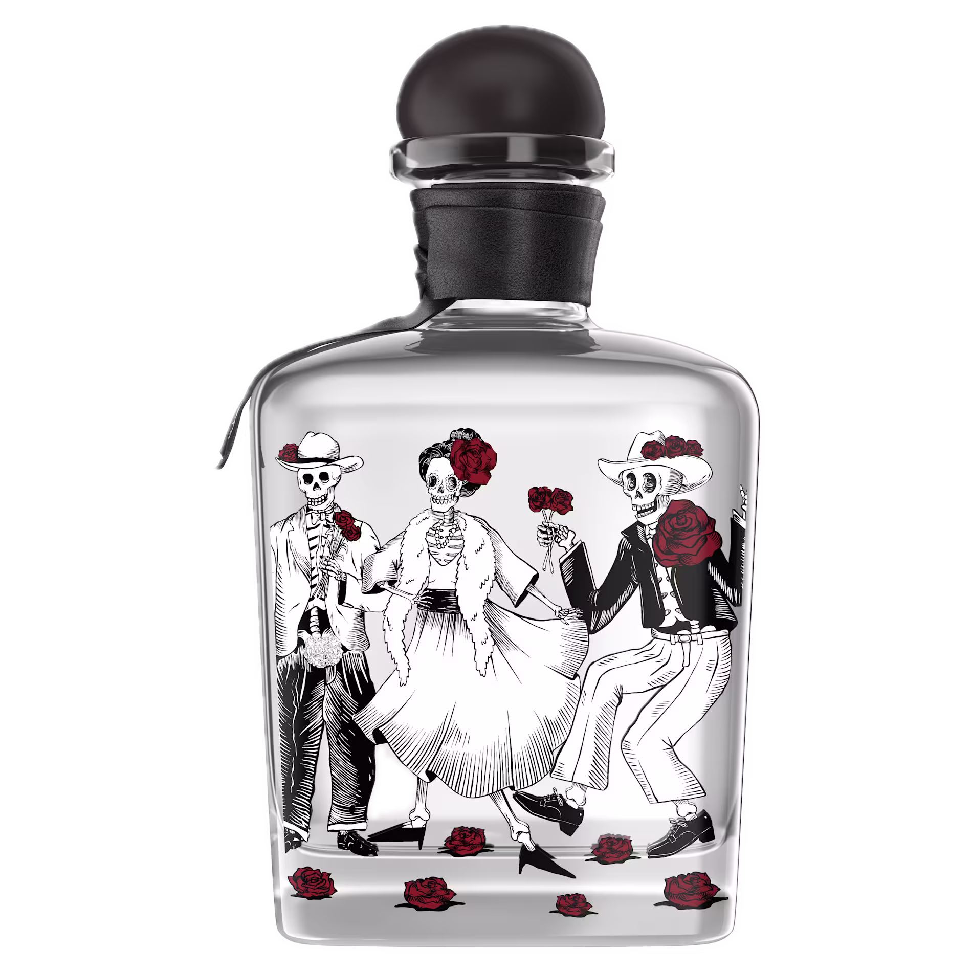 A clear glass bottle featuring illustrations of three dancing skeletons dressed in vintage clothing, each holding or adorned with red roses.