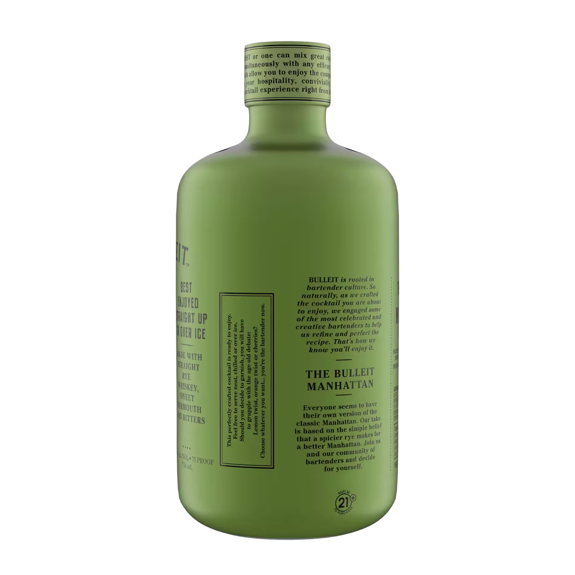 A matte green bottle with black text labeling it as The Bulleit Manhattan cocktail, featuring product details and serving suggestions.