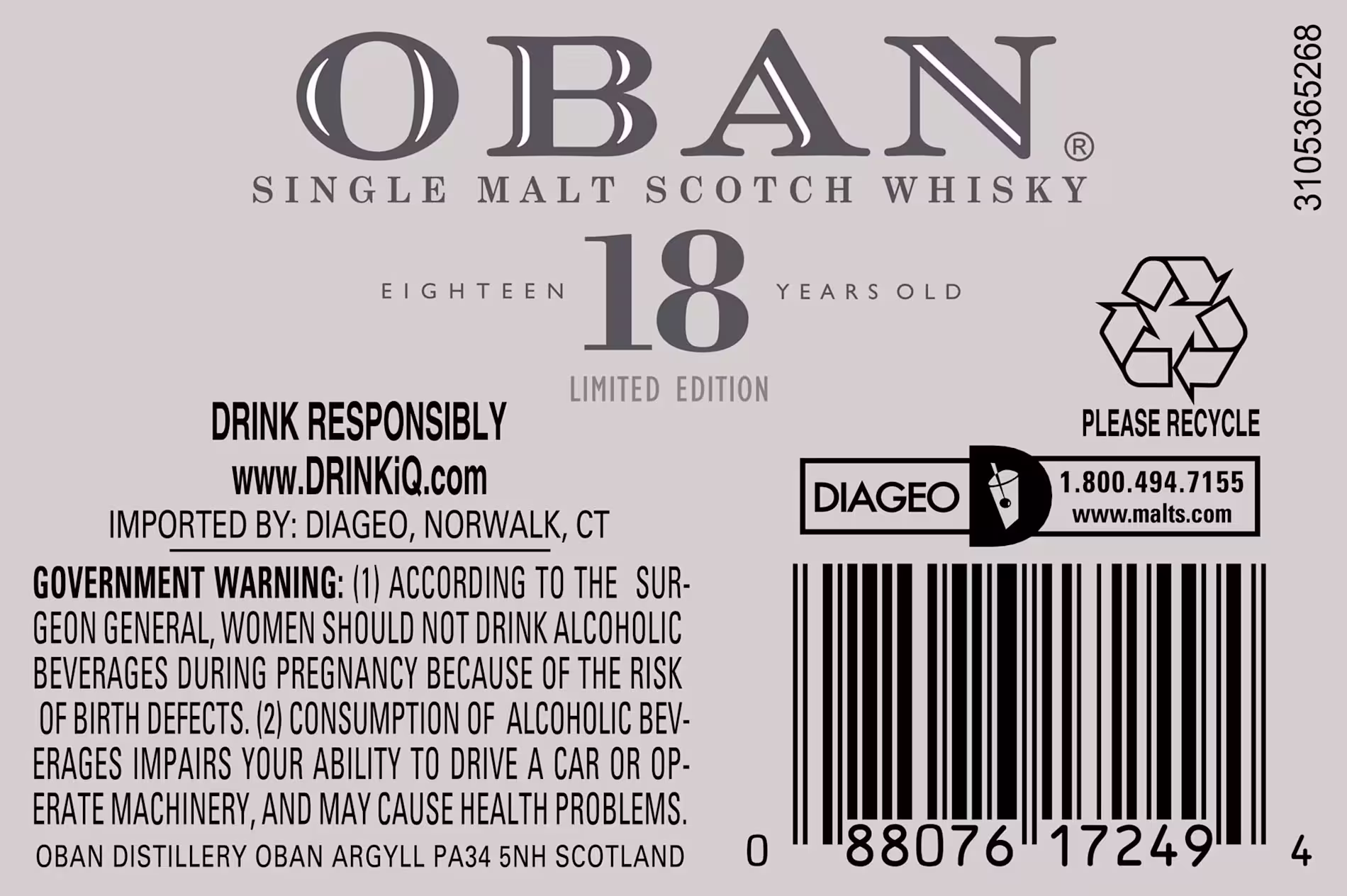 Label for Oban 18-year-old single malt Scotch whisky, showing product details, government warnings, importer info, and barcode on a gray background.