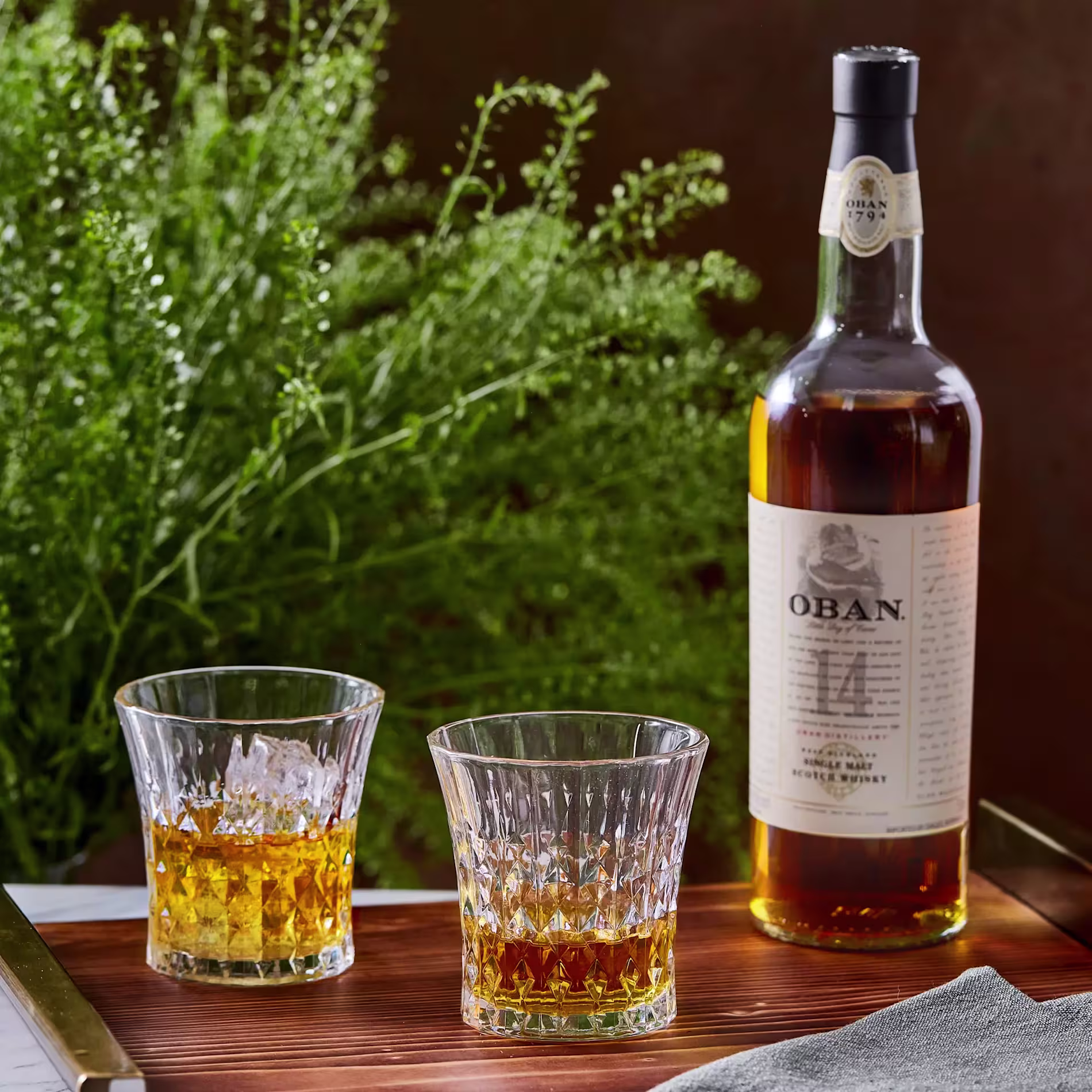 A bottle of Oban 14 Year Old Scotch whisky stands next to two glasses filled with whisky on a wooden tray, with green foliage in the background.