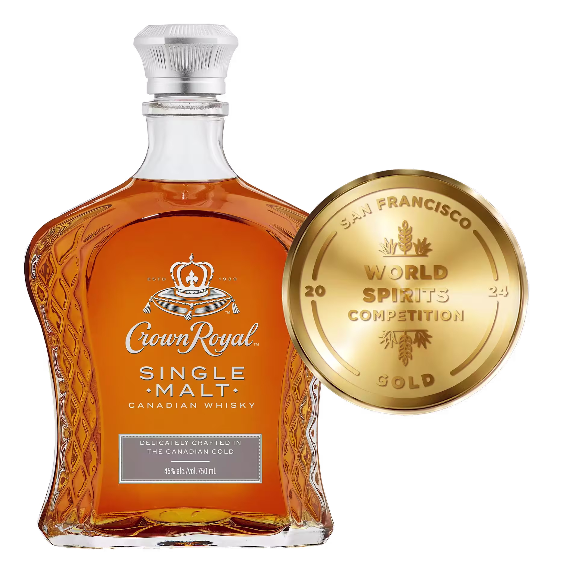 A bottle of Crown Royal Single Malt Canadian Whisky next to a 2024 San Francisco World Spirits Competition gold medal award.