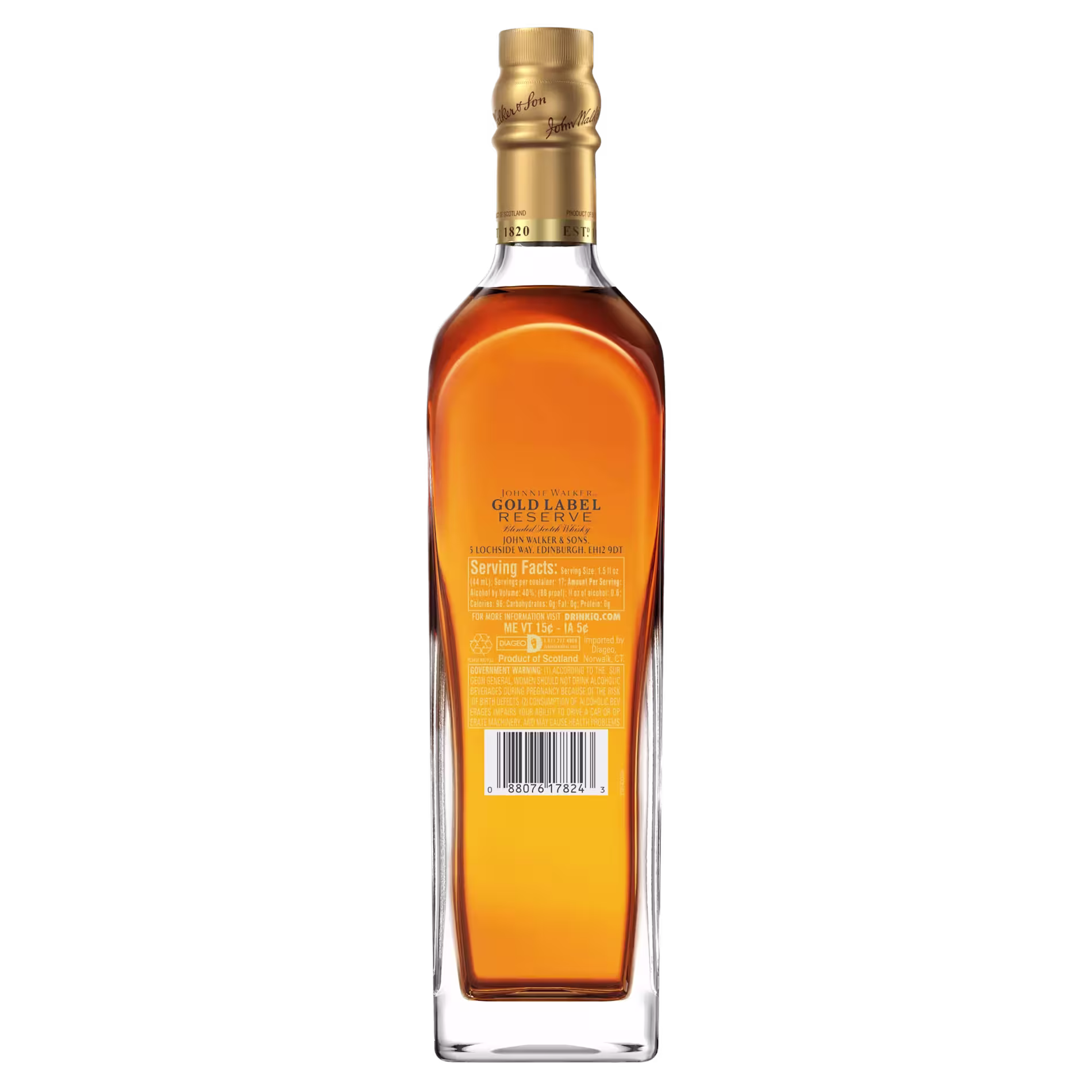 A bottle of Johnnie Walker Gold Label Reserve whisky shown from the back, displaying the label with product details, barcode, and serving facts.