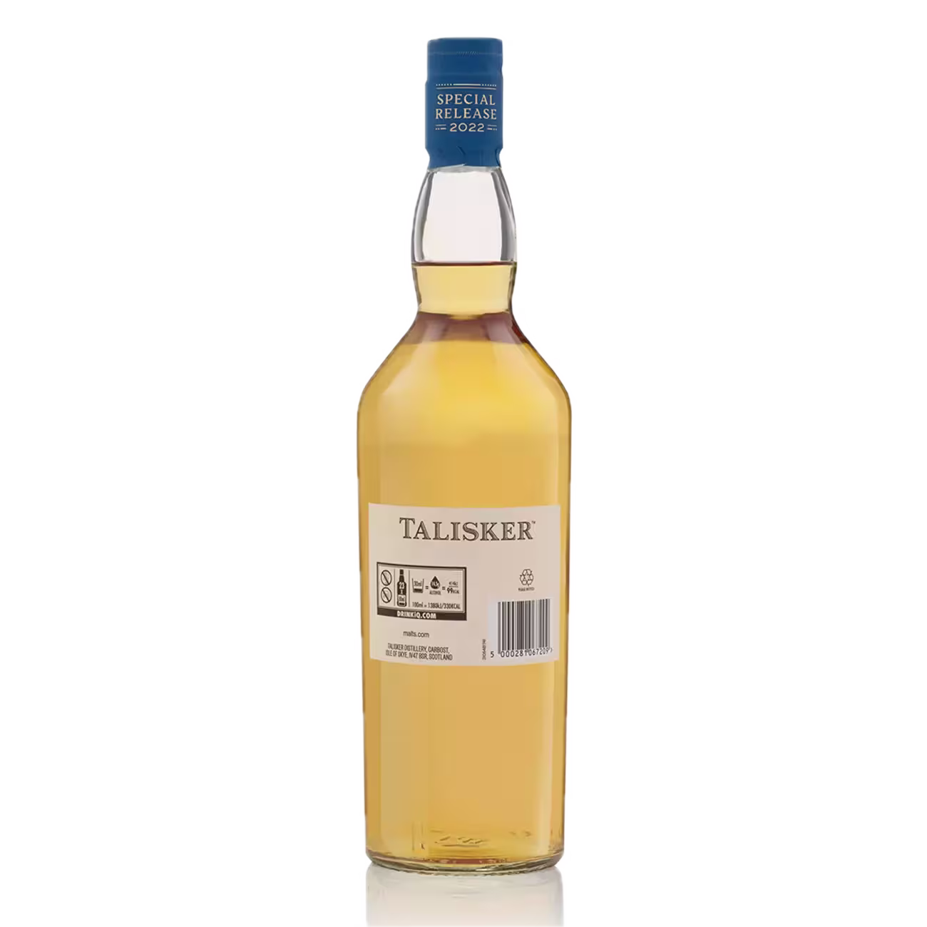 A bottle of Talisker whisky with a blue cap labeled Special Release 2022, shown with the label and barcode facing forward.