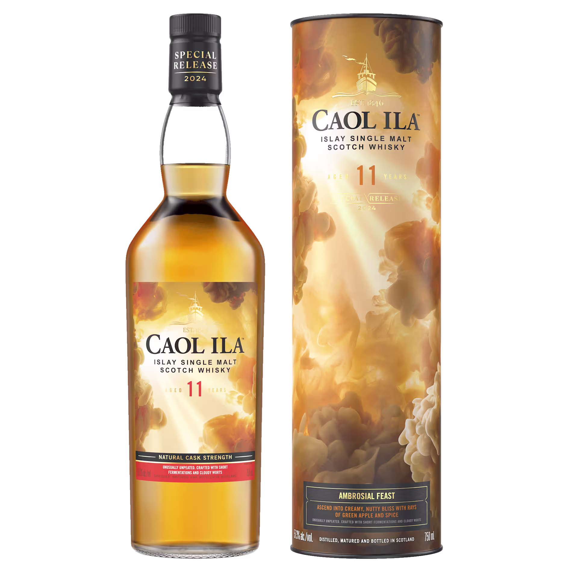 A bottle of Caol Ila 11-Year-Old Islay Single Malt Scotch Whisky stands beside its cylindrical packaging featuring a cloud design and labeled Special Release 2022 and Ambrosial Feast.