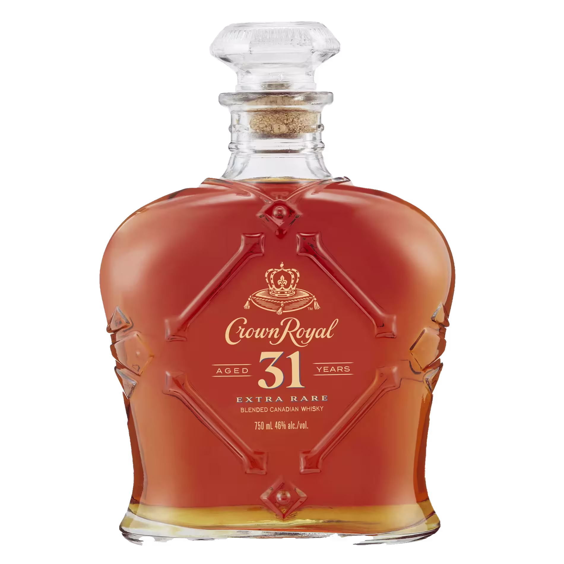 A 750ml bottle of Crown Royal 31 Extra Rare blended Canadian whisky with a clear glass decanter and gold label.