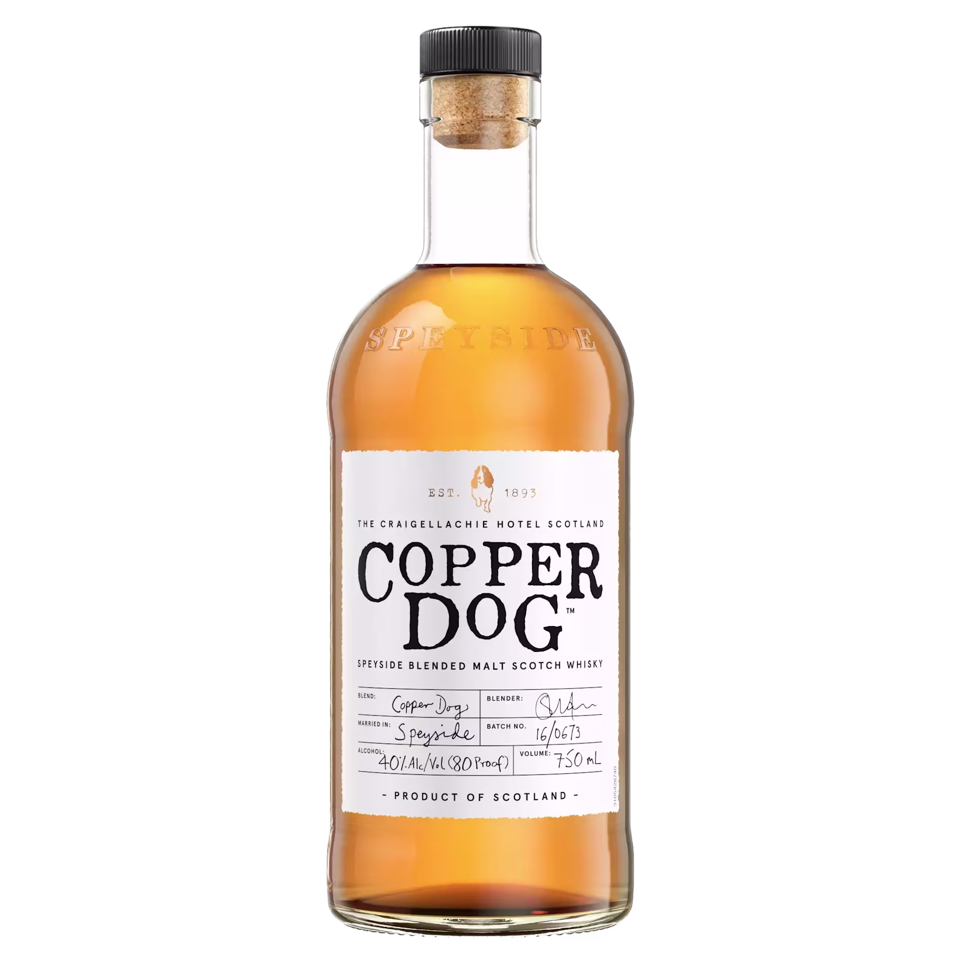 A bottle of Copper Dog Speyside blended malt Scotch whisky with a white label and black text, containing 750 ml and 40% alcohol by volume.