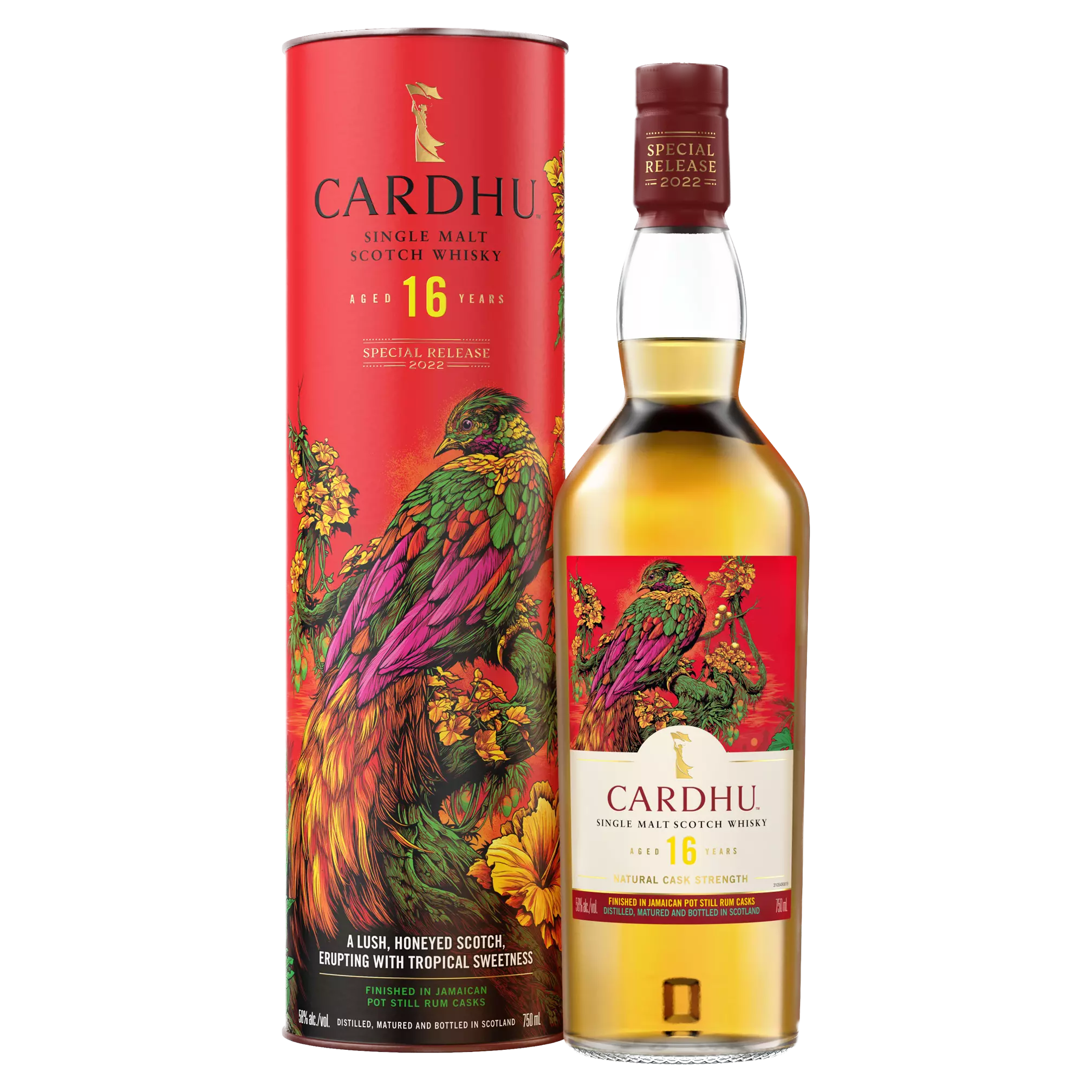 Cardhu 16 Year Old Single Malt Scotch Whisky bottle and tube packaging, both featuring vibrant artwork of a colorful bird and flowers on a red background.