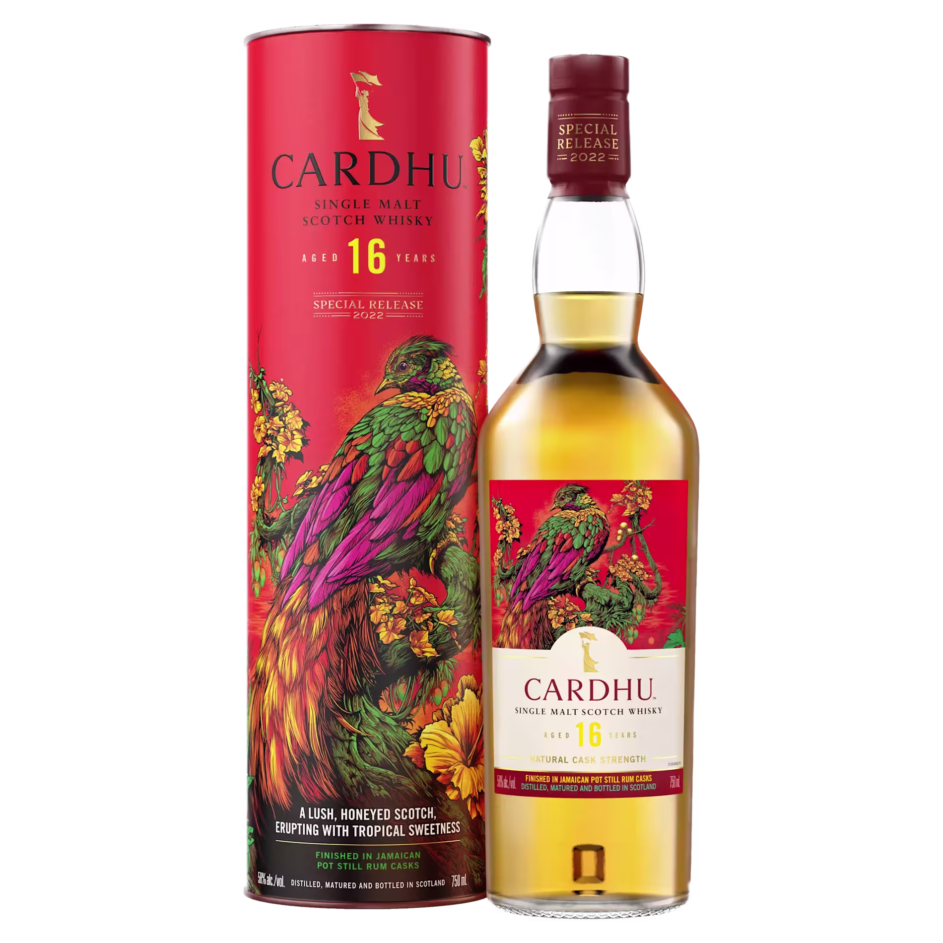 Cardhu 16 Year Old Single Malt Scotch Whisky bottle and tube packaging, both featuring vibrant artwork of a colorful bird and flowers on a red background.