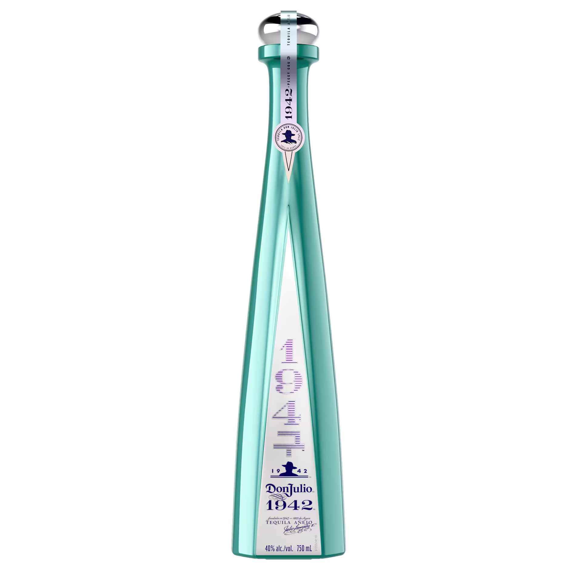 A tall, teal-colored bottle of Don Julio 1942 tequila with a silver cap, featuring the numbers 1942 and branding on the front label.