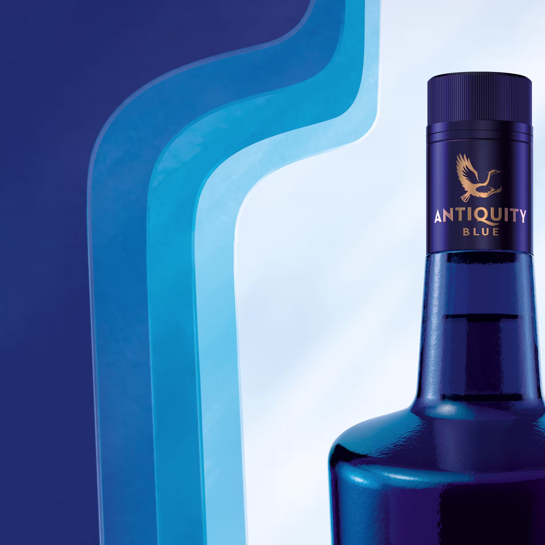 Antiquity Blue whisky bottle with white blue silhouettes