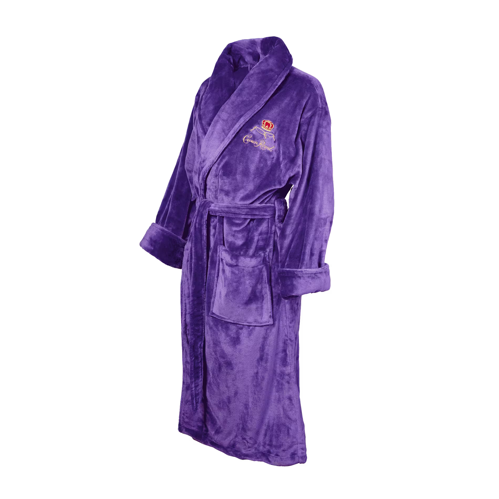 A plush purple bathrobe with a waist belt, two front pockets, and an embroidered logo on the left chest.