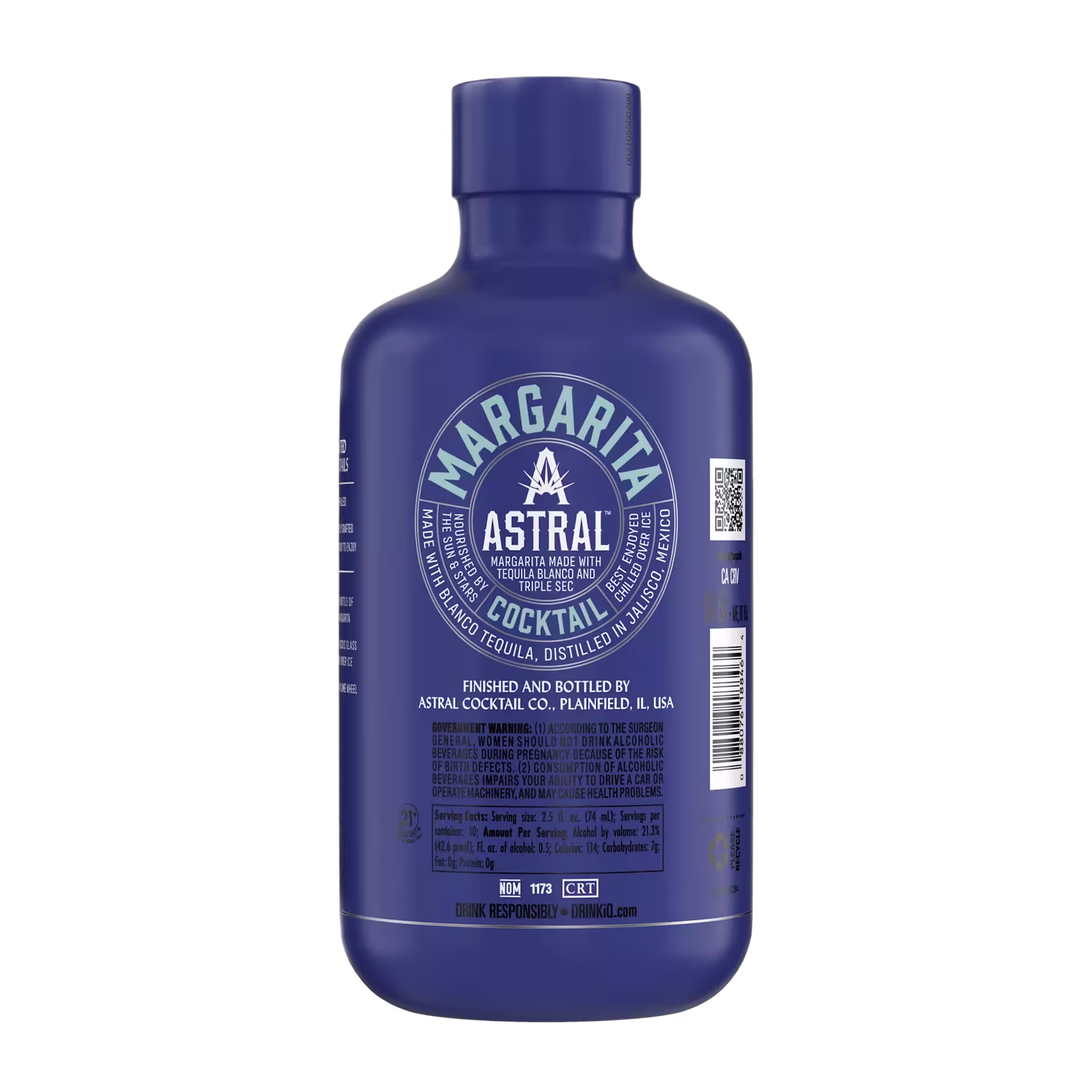 A blue bottle labeled Astral Margarita Cocktail, featuring white text and branding details, finished and bottled by Astral Cocktail Co.