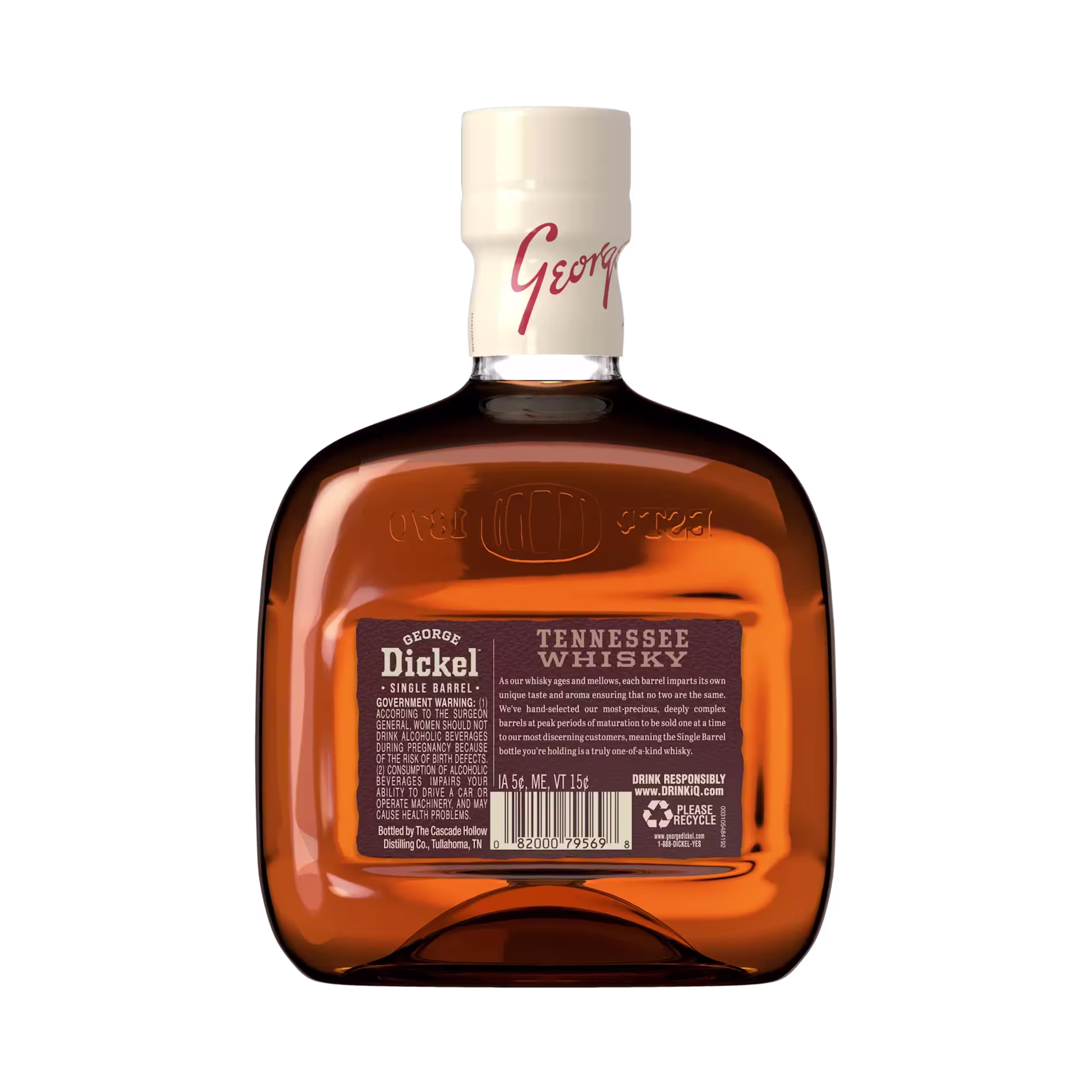 A bottle of George Dickel Tennessee Whisky shown from the back, displaying the product label and amber liquid inside.