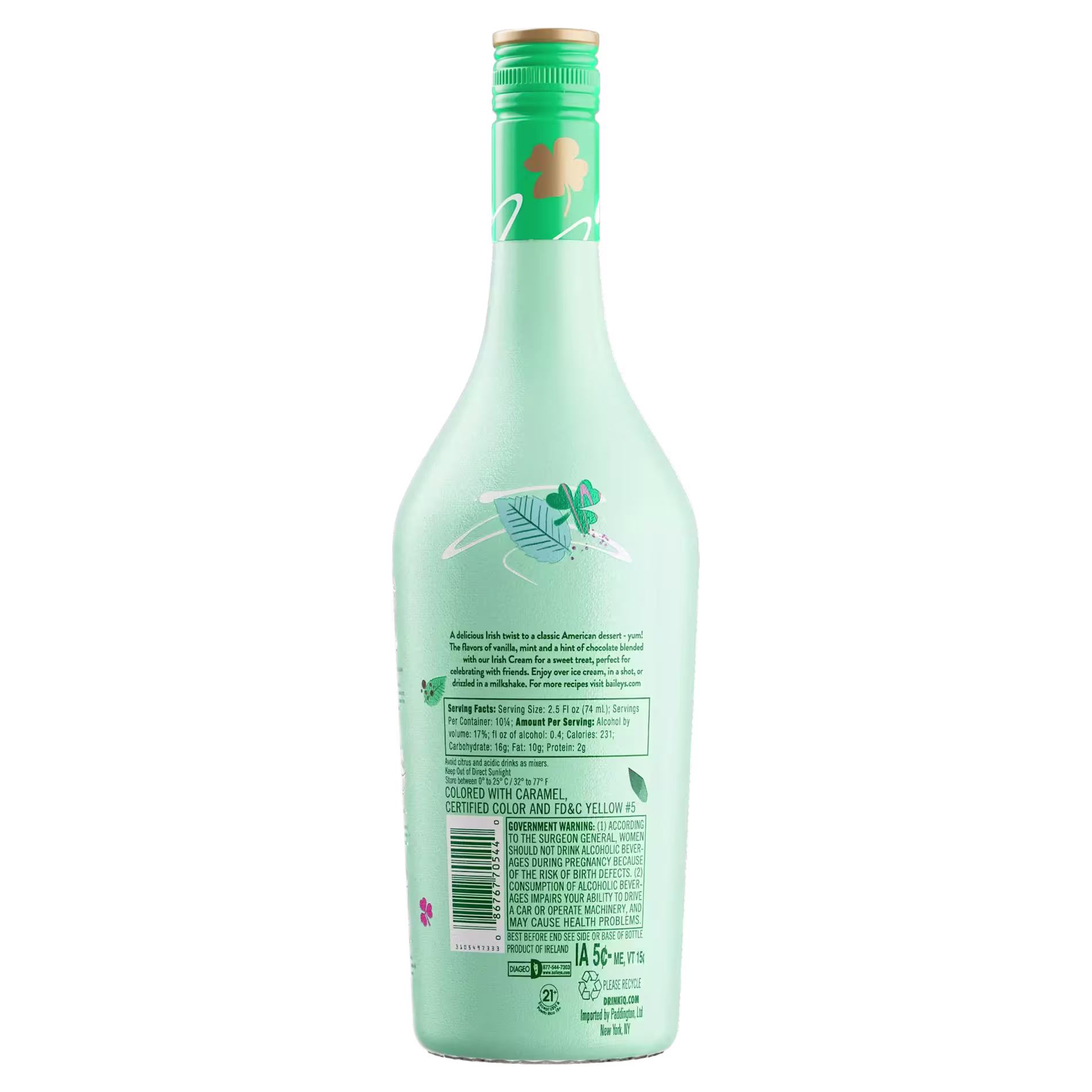 A light green bottle with a floral design and shamrock near the top, displaying product information and ingredients on the back label.