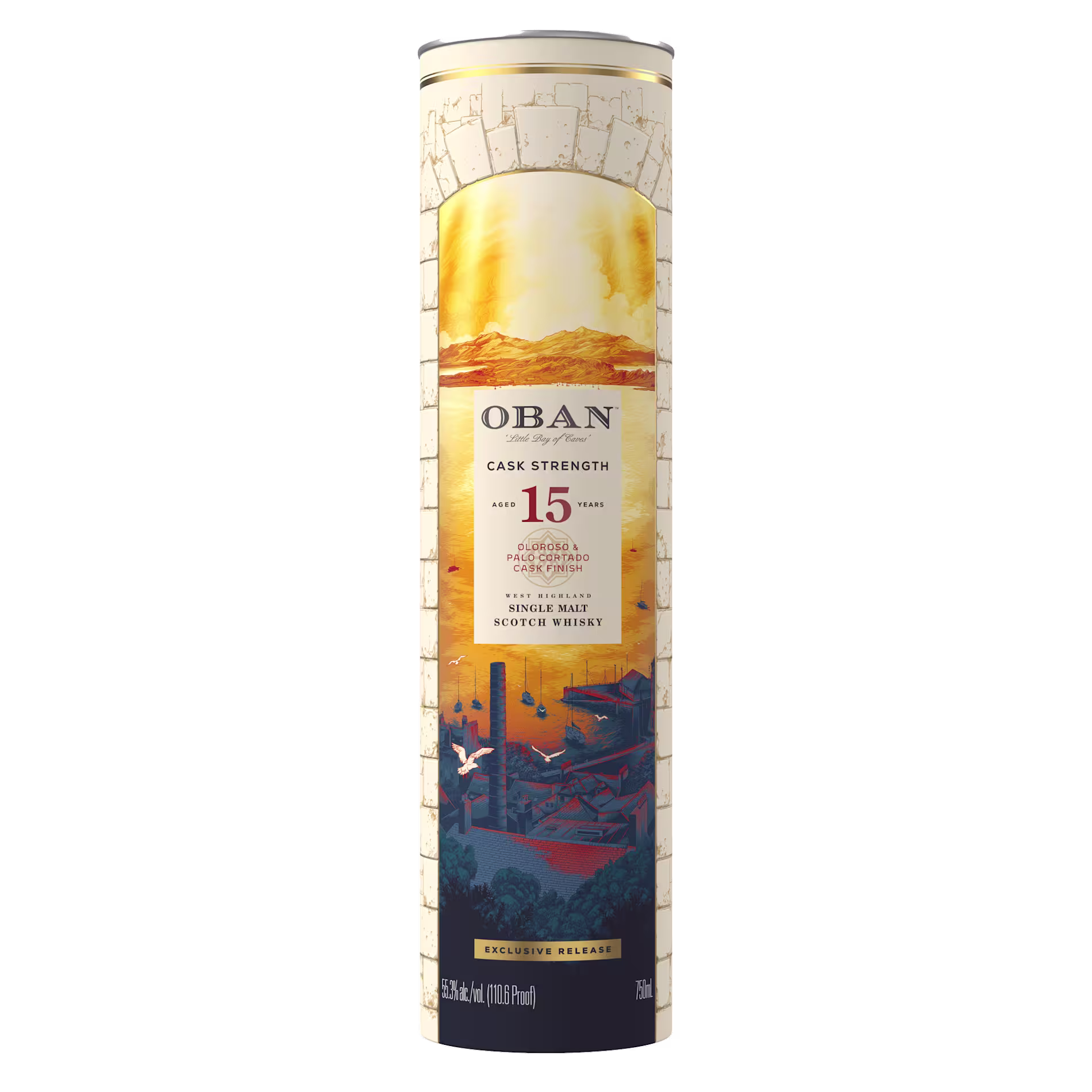 Tall cylindrical container of Oban 15 Year Old Cask Strength Single Malt Scotch Whisky, featuring a decorative label with gold and landscape artwork.