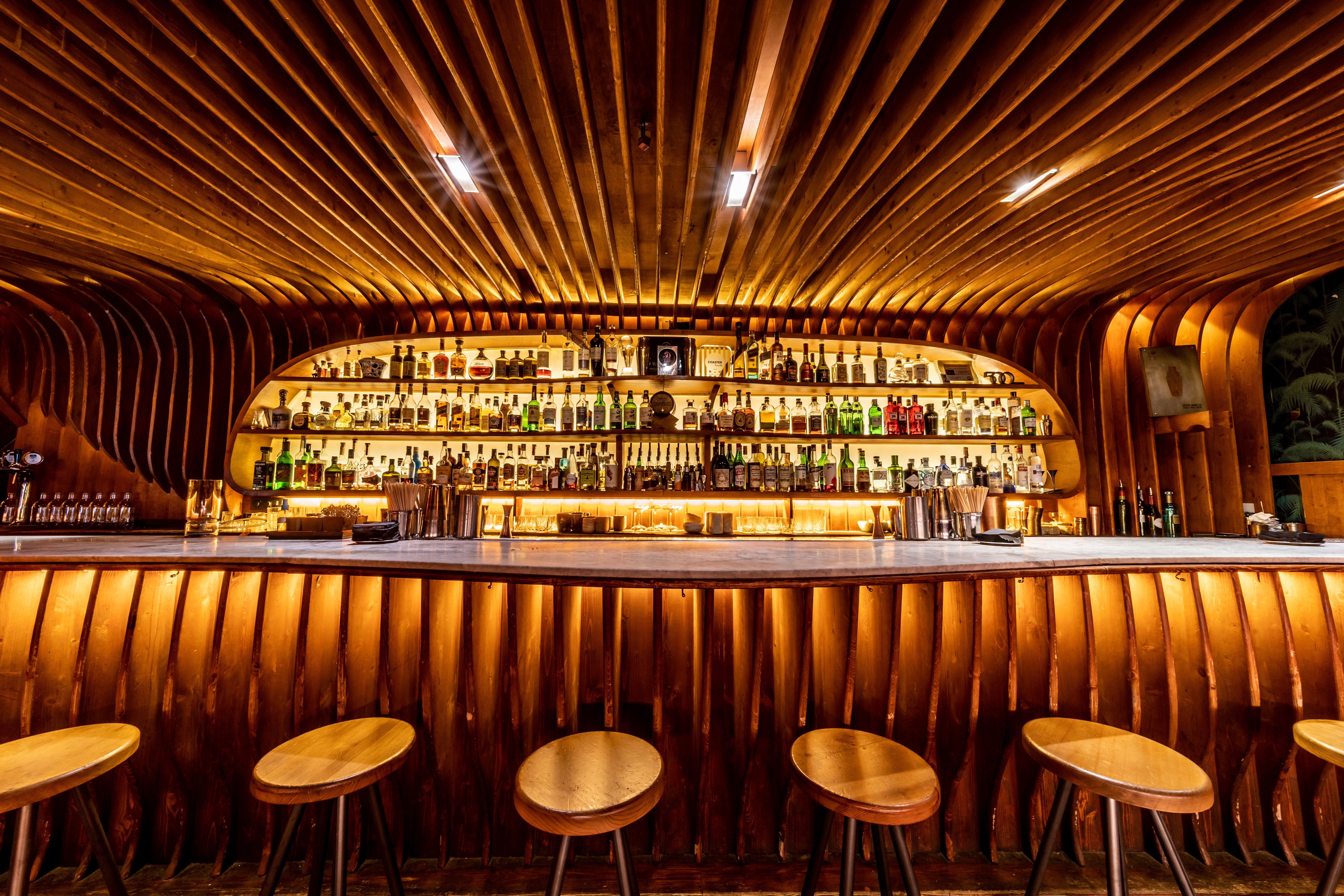 La foto muestra el interior de Paradiso. La pared trasera del bar está adornada con una variedad de botellas, probablemente de diferentes tipos de alcohol, iluminadas por una luz cálida que resalta sus formas y colores.