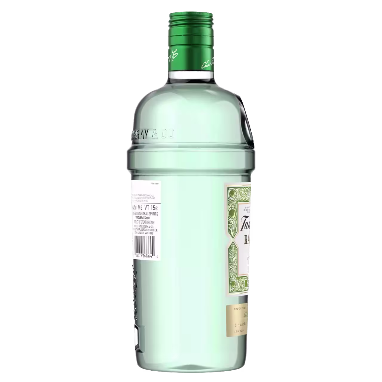 A light green bottle of Tanqueray gin with a green cap, barcode label, and decorative front label, shown against a black background.