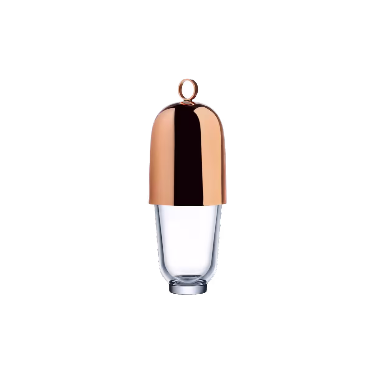 A clear glass cup with a metallic copper-colored lid featuring a small loop on top, set against a plain light background.
