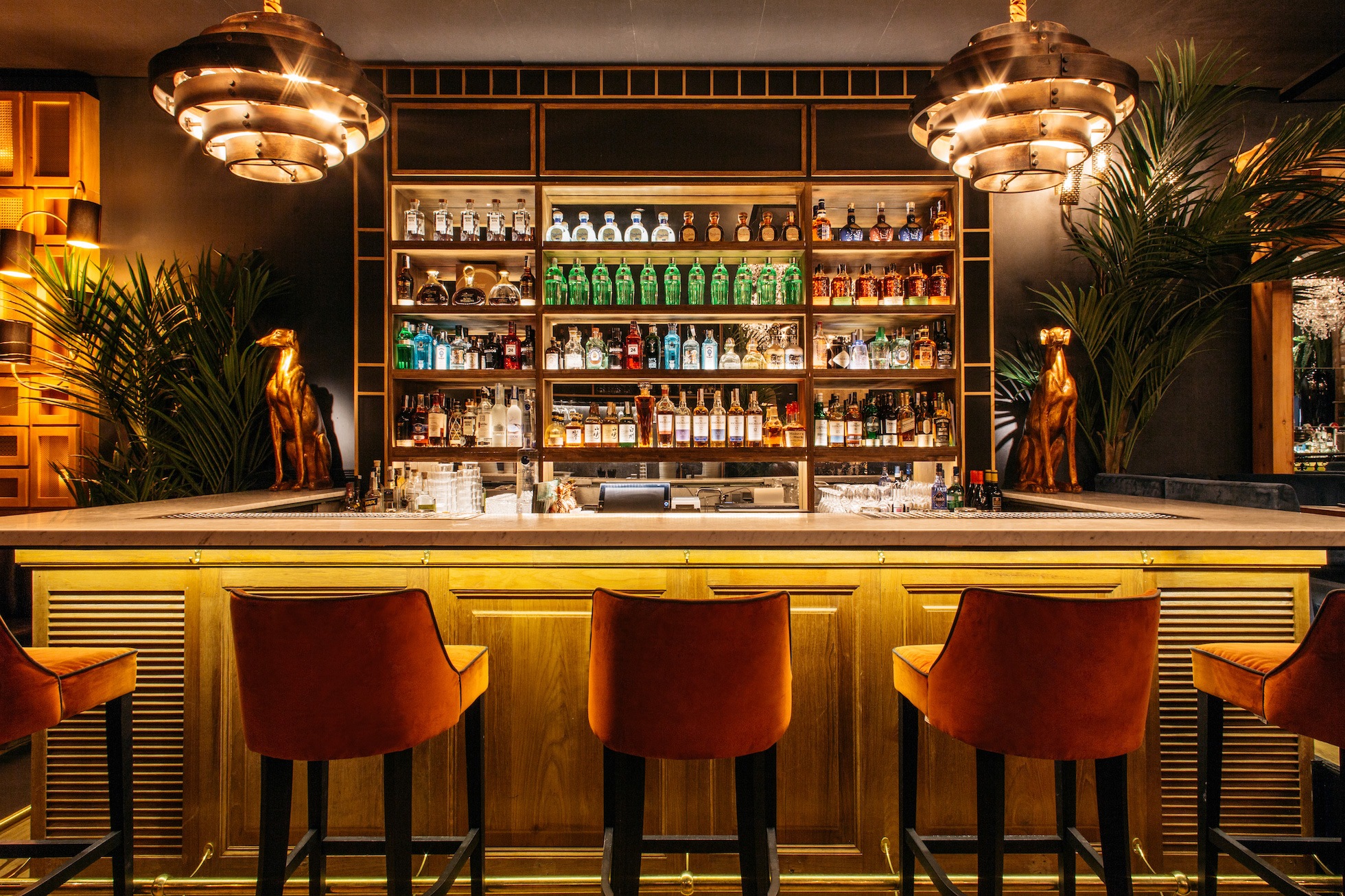 Feroz combina una elegante barra iluminada, esculturas decorativas y un ambiente sofisticado ideal para disfrutar de cócteles y buena compañía.