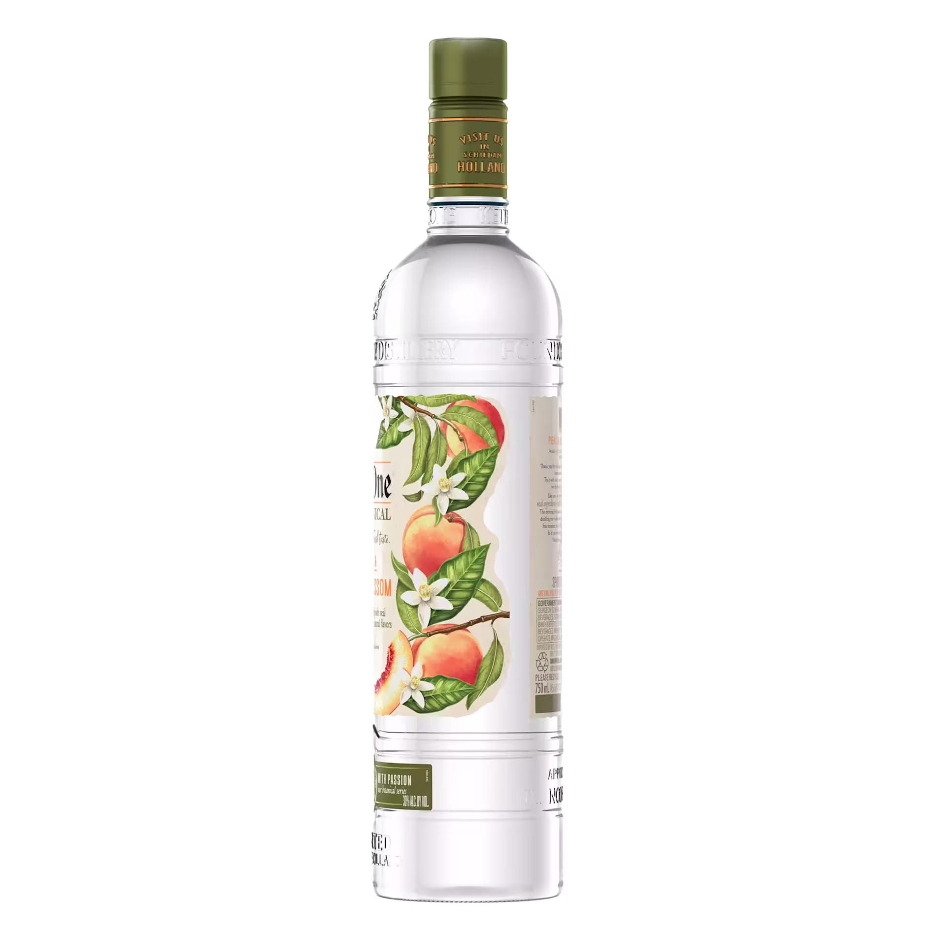 A bottle of Ketel One Botanical Peach & Orange Blossom vodka with a label featuring illustrations of peaches, orange blossoms, and green leaves.