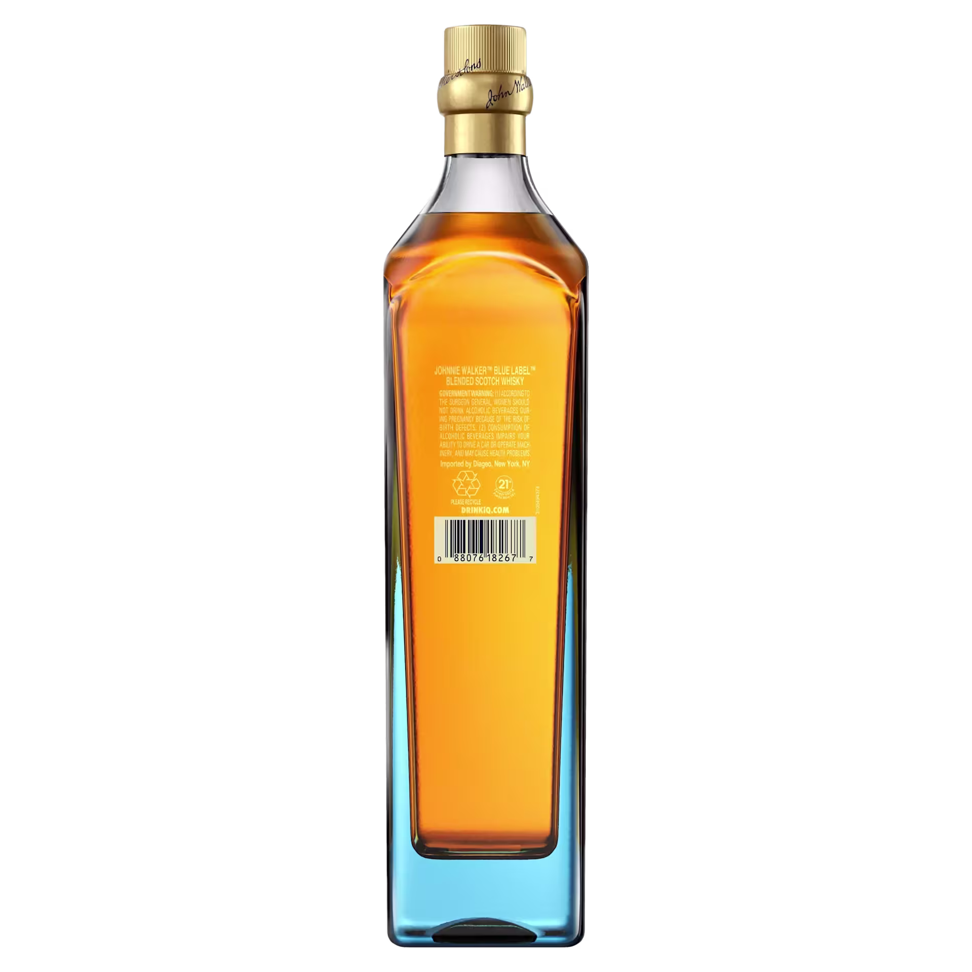 A tall, rectangular bottle of whisky with a gold cap, shown from the back, displaying a label with text, a barcode, and recycling symbols.