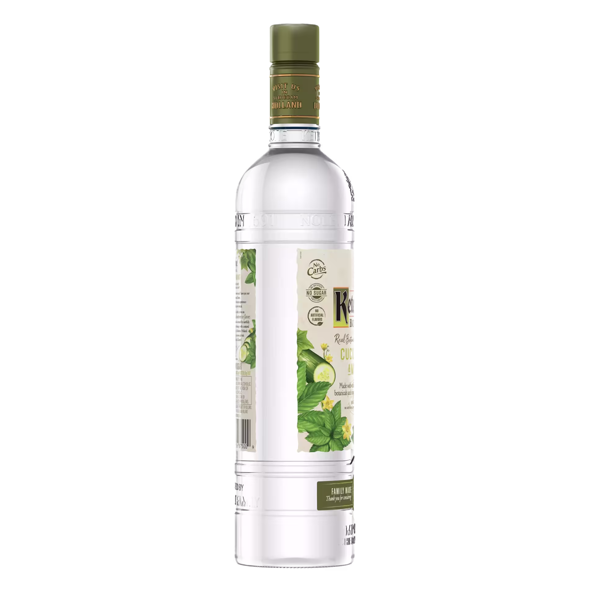 A clear glass bottle of Ketel One Botanical Cucumber & Mint vodka with a green cap and a label featuring cucumbers and mint leaves.