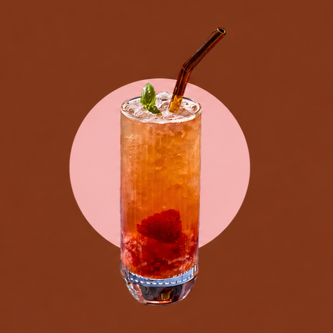 A Collins glass filled with a reddish cocktail and ice with a straw and garnish, alongside text describing its use for high mixer-to-spirit ratio drinks like Tom Collins and whiskey highballs.