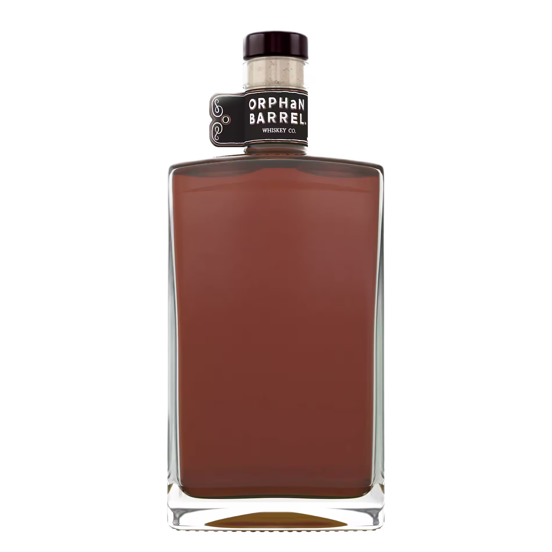 A square glass bottle filled with brown liquid, featuring a label near the neck that reads Orphan Barrel Whiskey Co.