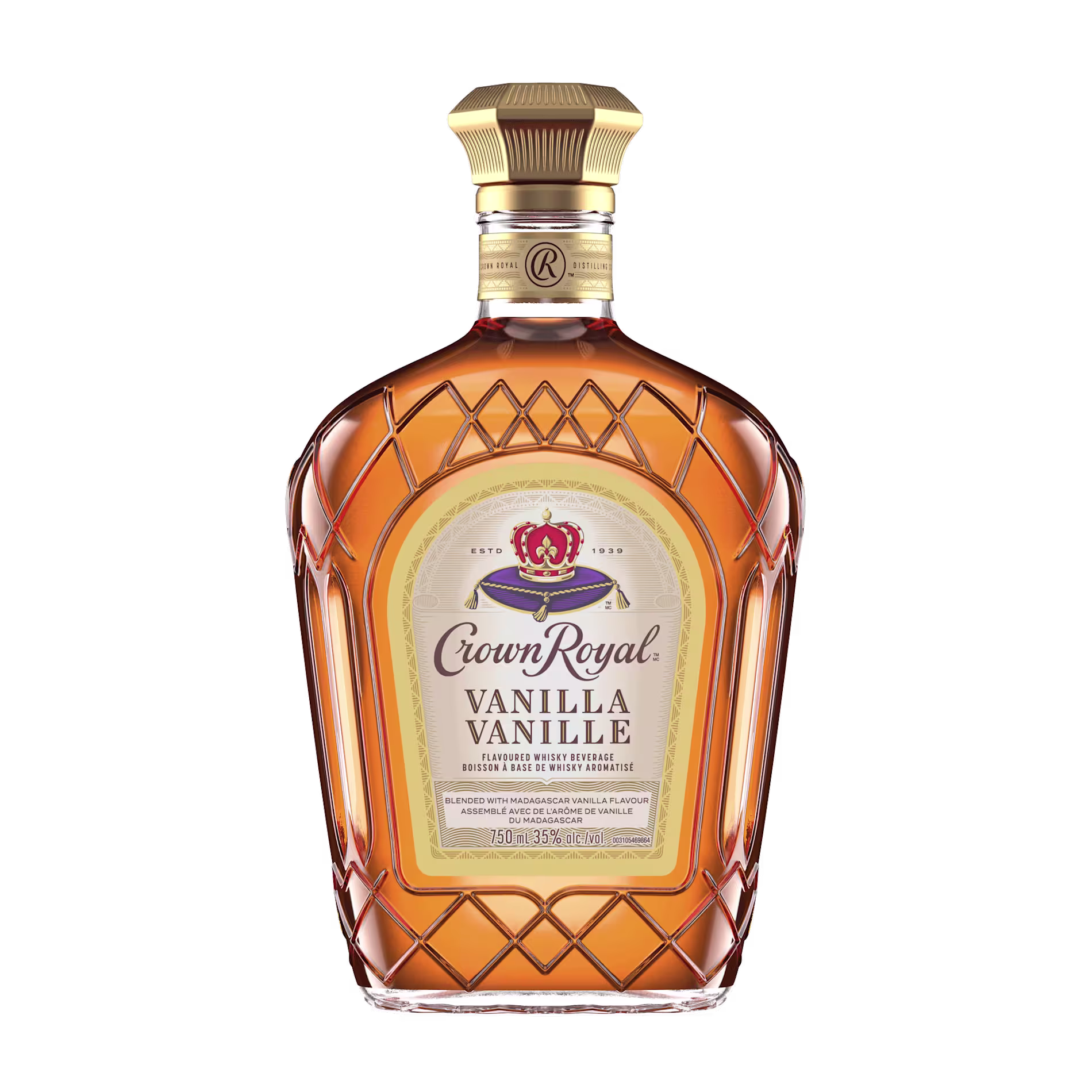 A bottle of Crown Royal Vanilla flavored whisky, featuring a gold and cream label with a red crown logo, and a gold cap.