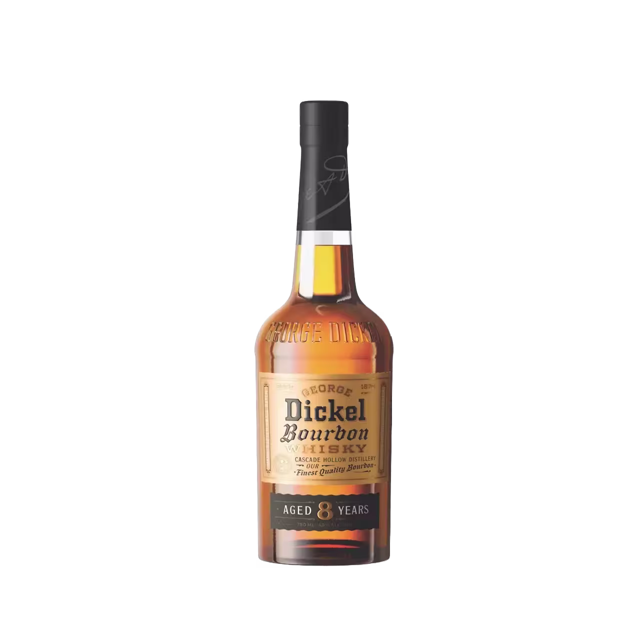 A bottle of George Dickel Bourbon Whiskey, aged 8 years, with a black cap and tan label, set against a black background.